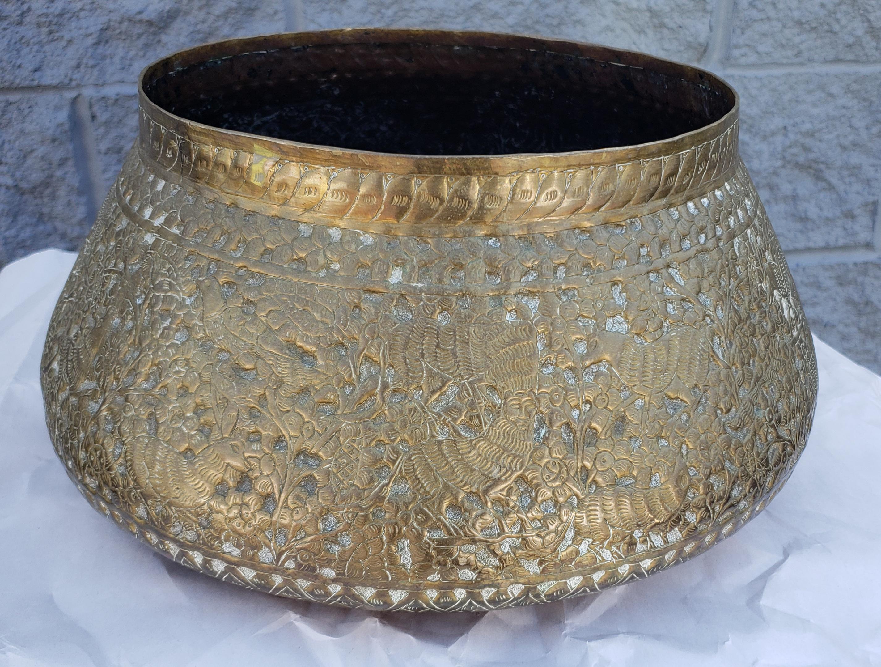 Indian Repoussé & Engraved Brass Bowl / Planter on Engraved Brass Stand / Stool For Sale 2