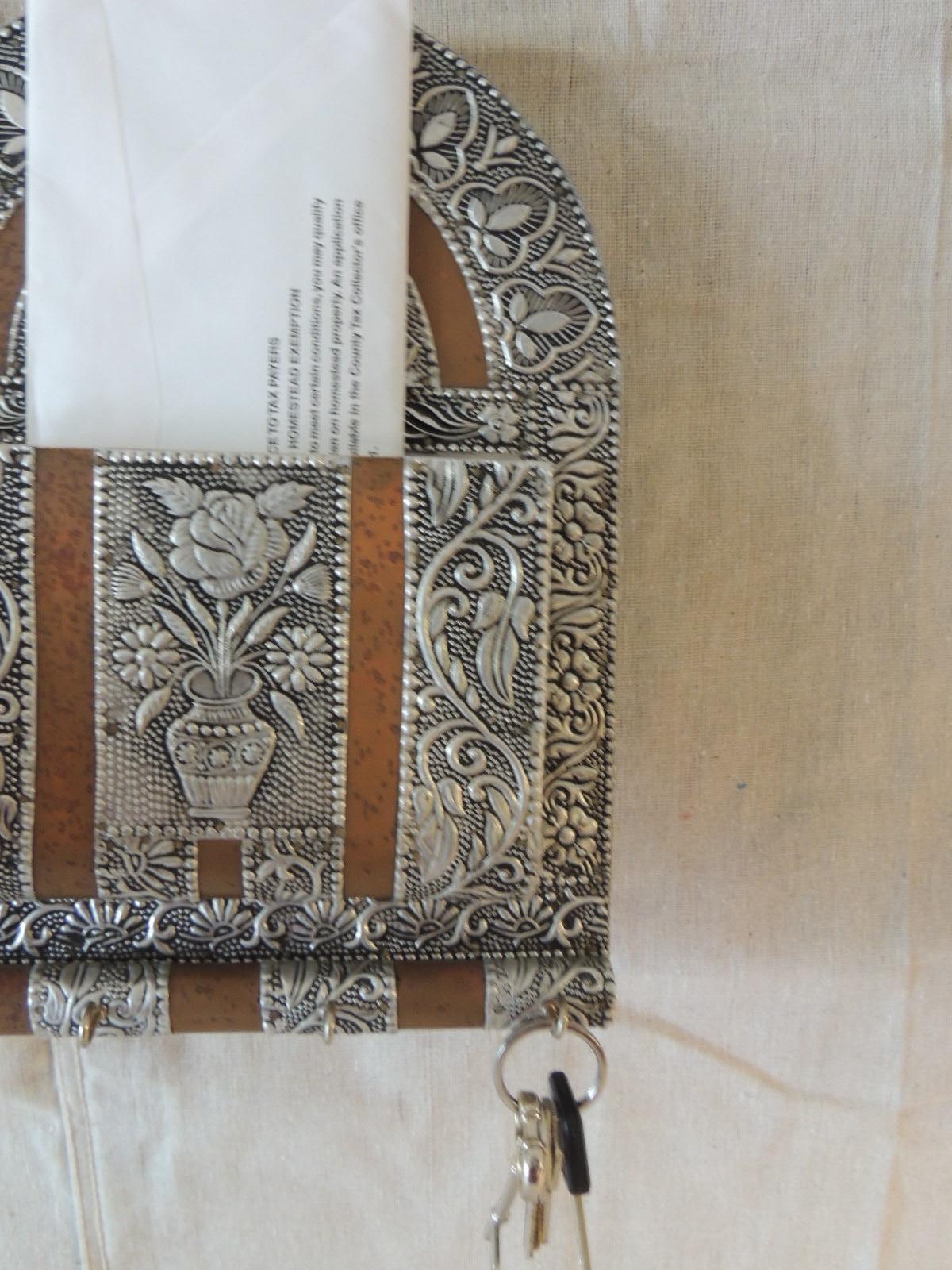 Indian Repousse Letters and Keys Tin and Wood Wall Caddy In Good Condition In Oakland Park, FL