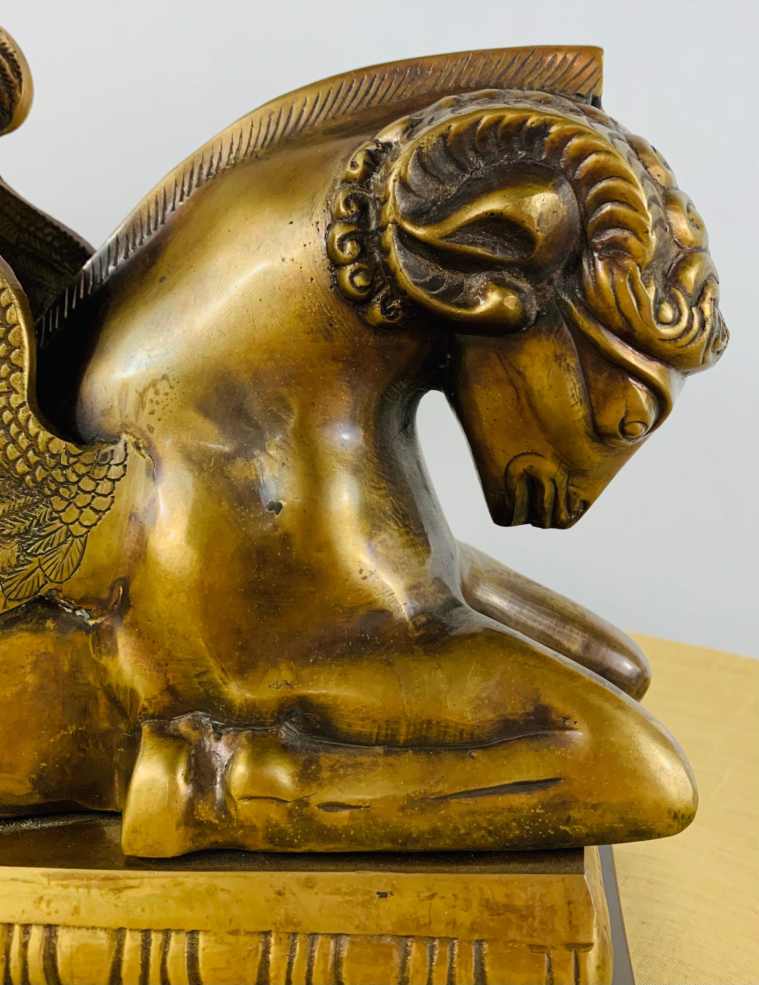 20th Century Indian Rhyton Shaped Brass Sculpture or Statue with Winged Ram For Sale