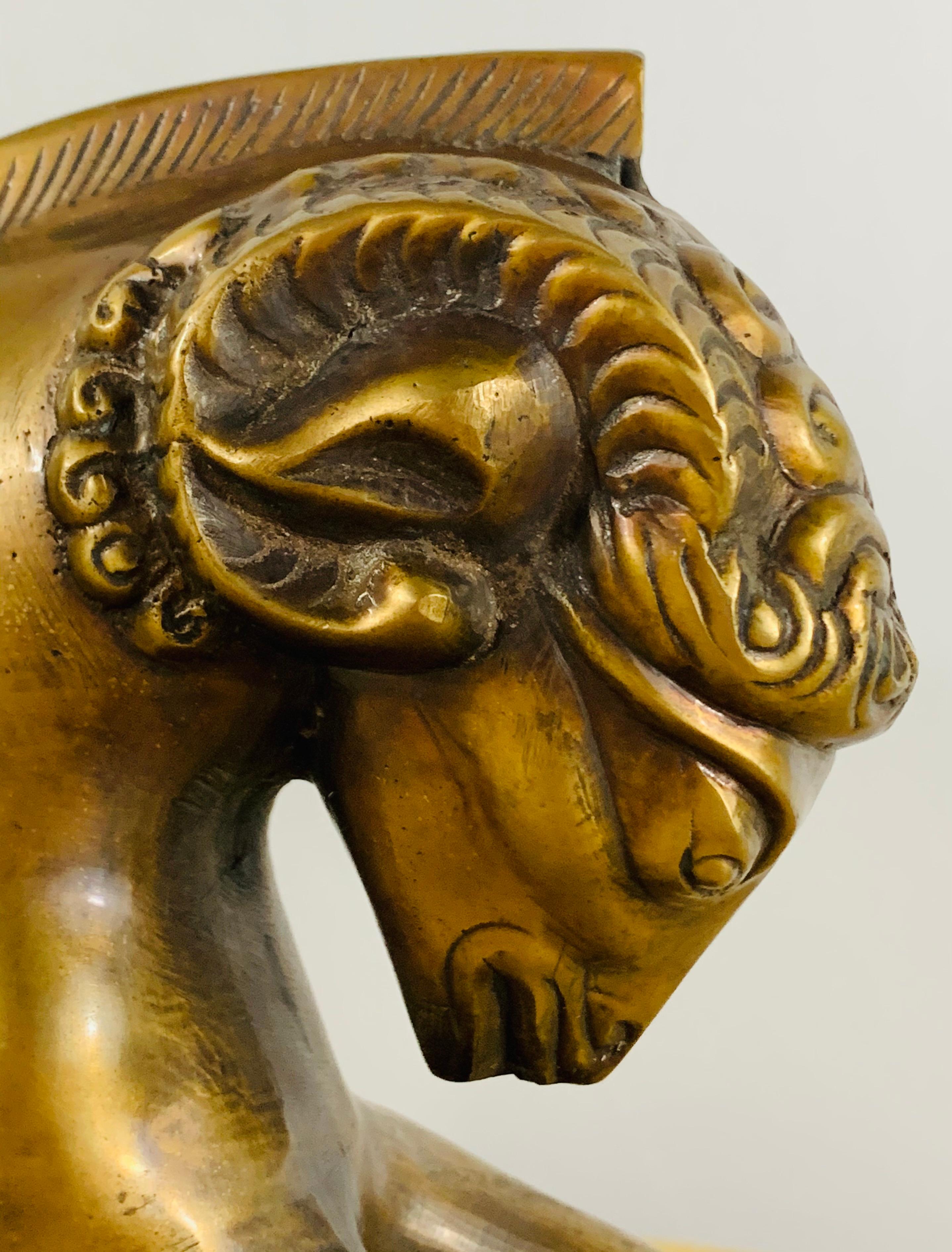 Metal Indian Rhyton Shaped Brass Sculpture or Statue with Winged Ram