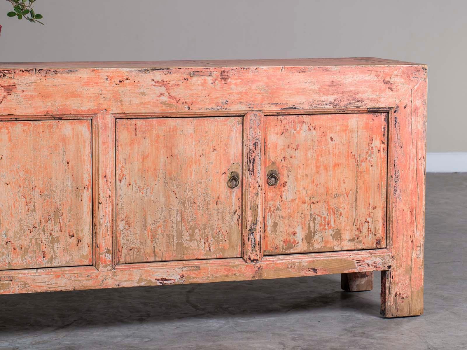 Indian Rose Pink Long Painted Buffet Credenza Chinese, circa 1940 In Good Condition In Houston, TX