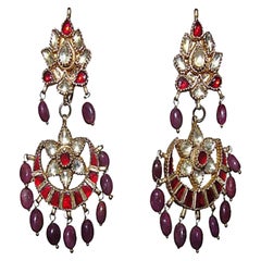 Vintage Indian Ruby and Sapphire Chandelier Earrings
