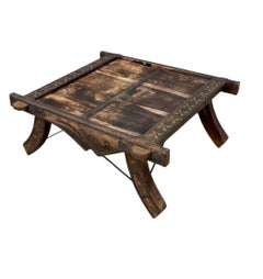 Indian Rustic Antique Wooden Ox Cart with Metal Accents Coffee Table
