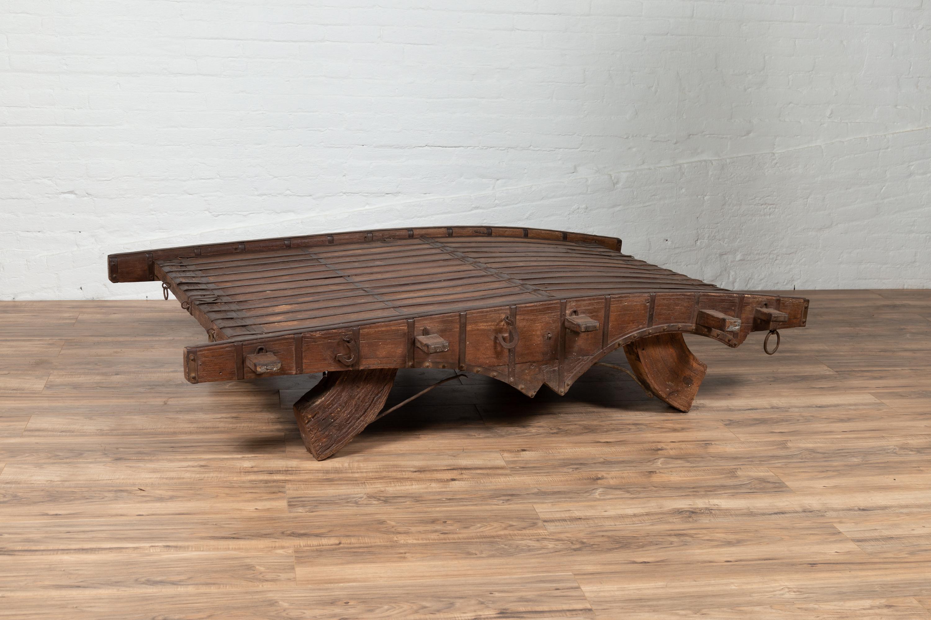 Indian Rustic Antique Wooden Ox Cart with Metal Accents Made into a Coffee Table 3