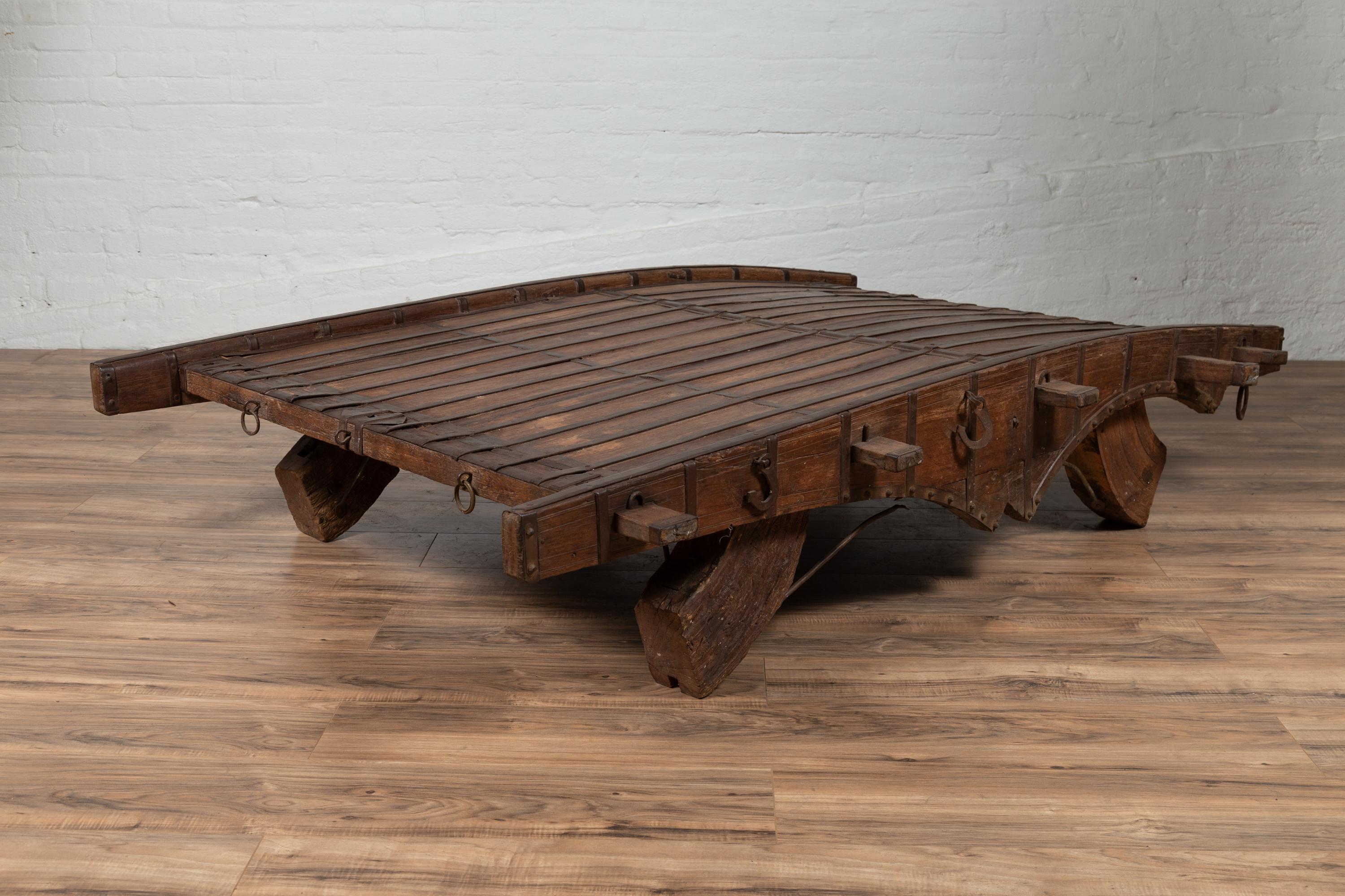 Indian Rustic Antique Wooden Ox Cart with Metal Accents Made into a Coffee Table 5