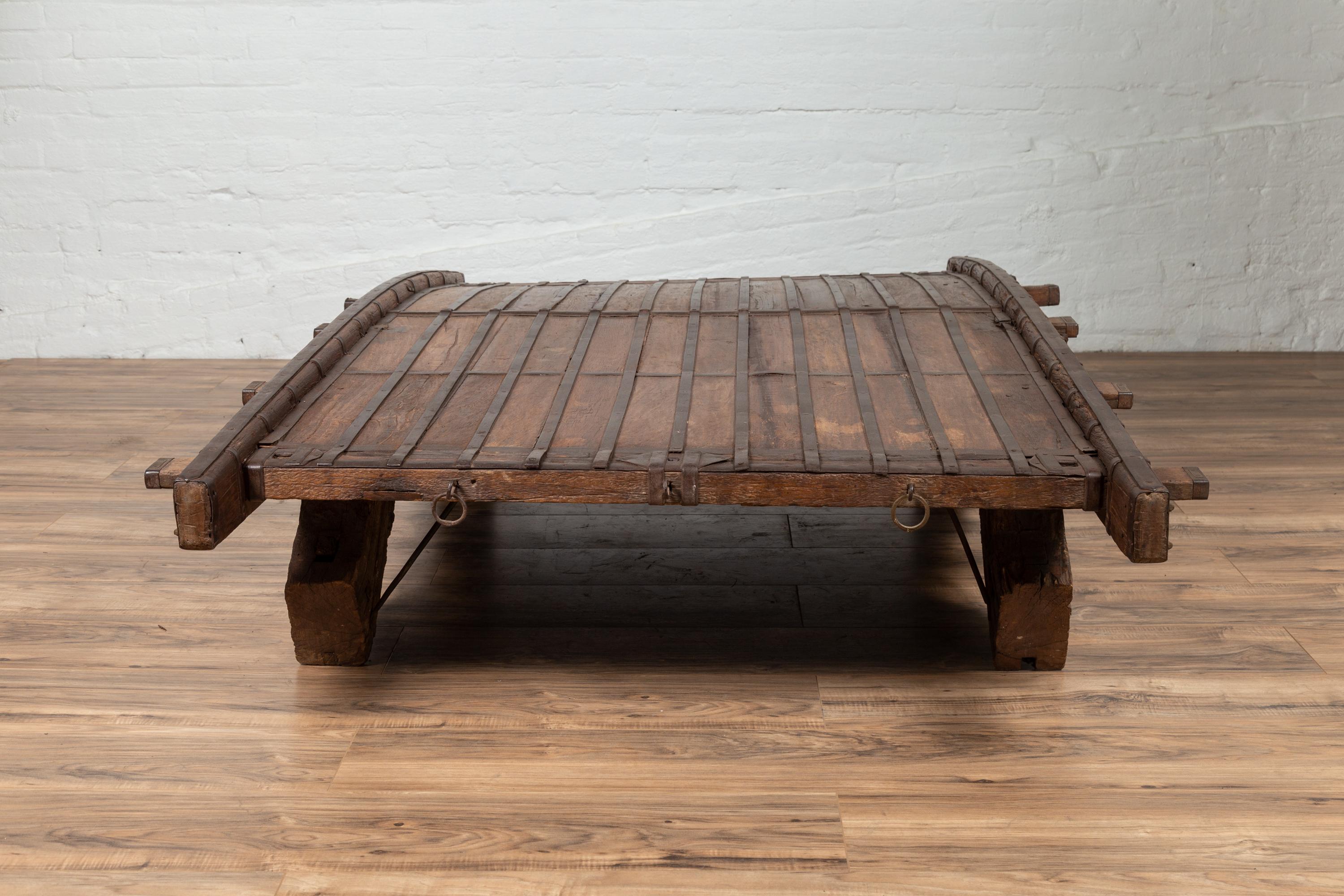 Indian Rustic Antique Wooden Ox Cart with Metal Accents Made into a Coffee Table 6