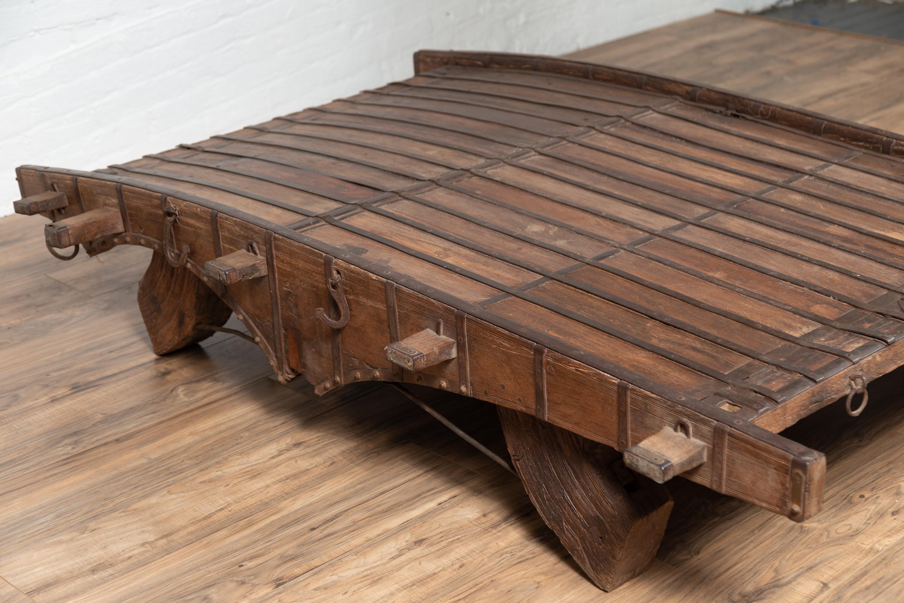 Indian Rustic Antique Wooden Ox Cart with Metal Accents Made into a Coffee Table 7