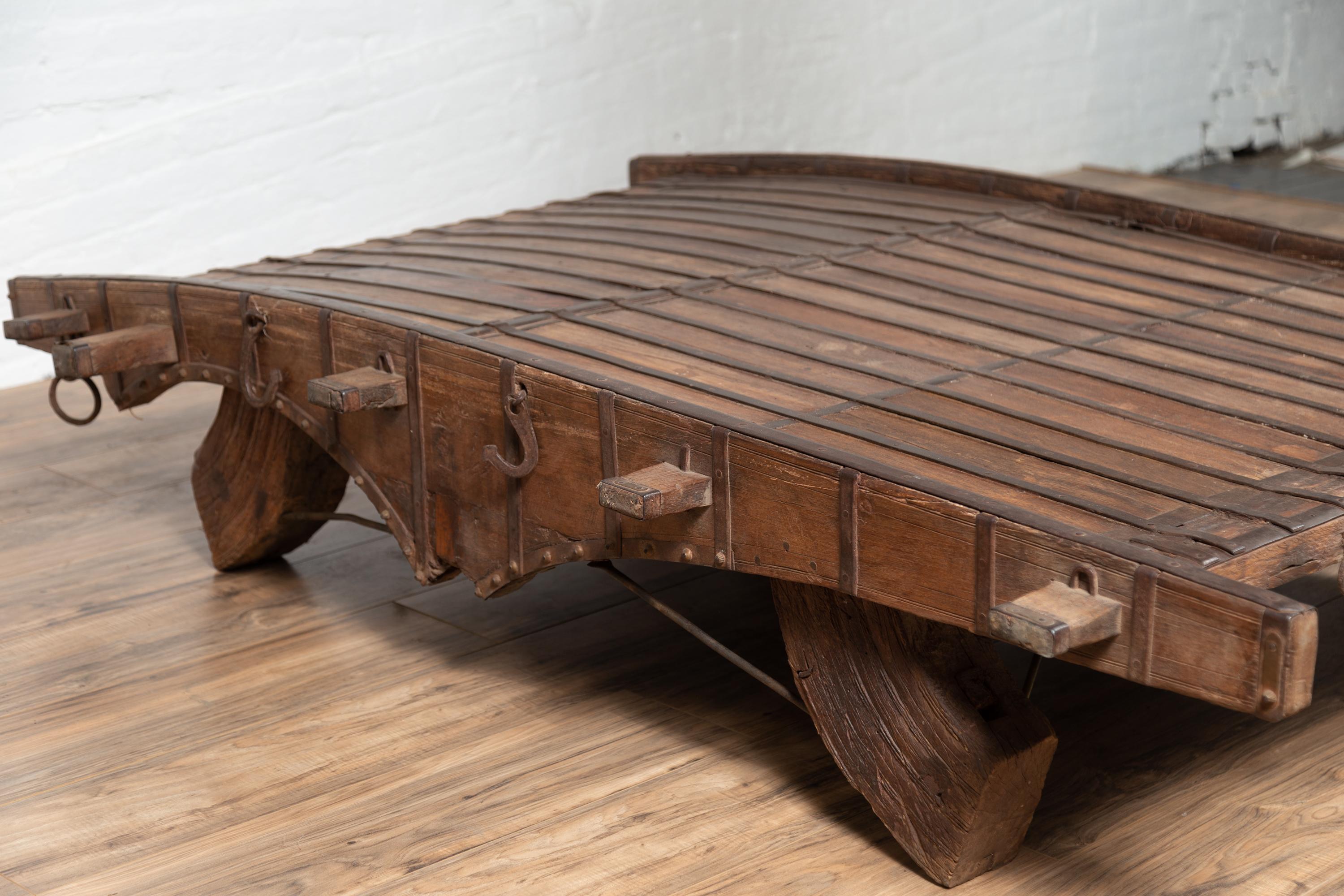 Indian Rustic Antique Wooden Ox Cart with Metal Accents Made into a Coffee Table 8