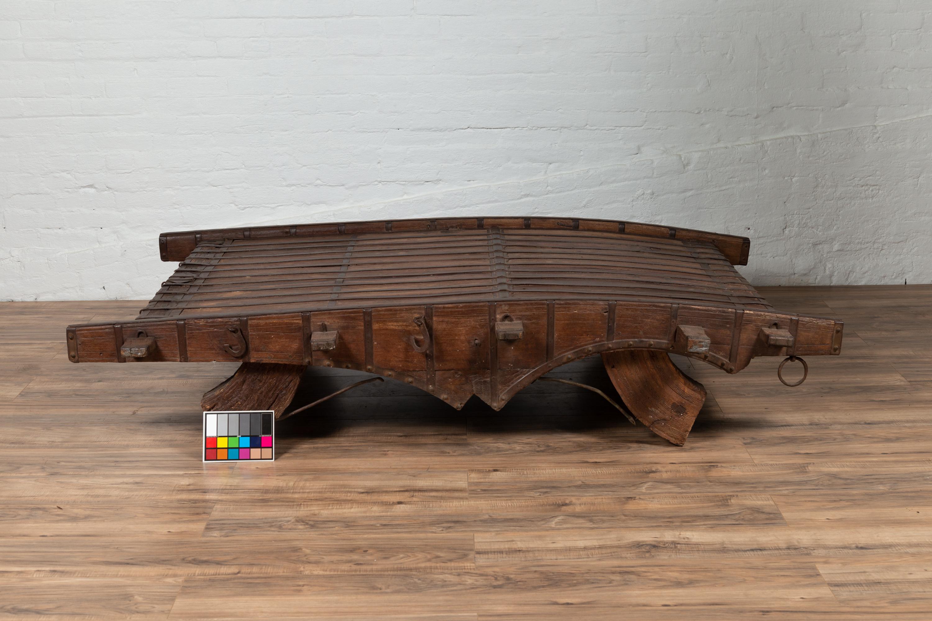 Indian Rustic Antique Wooden Ox Cart with Metal Accents Made into a Coffee Table 9