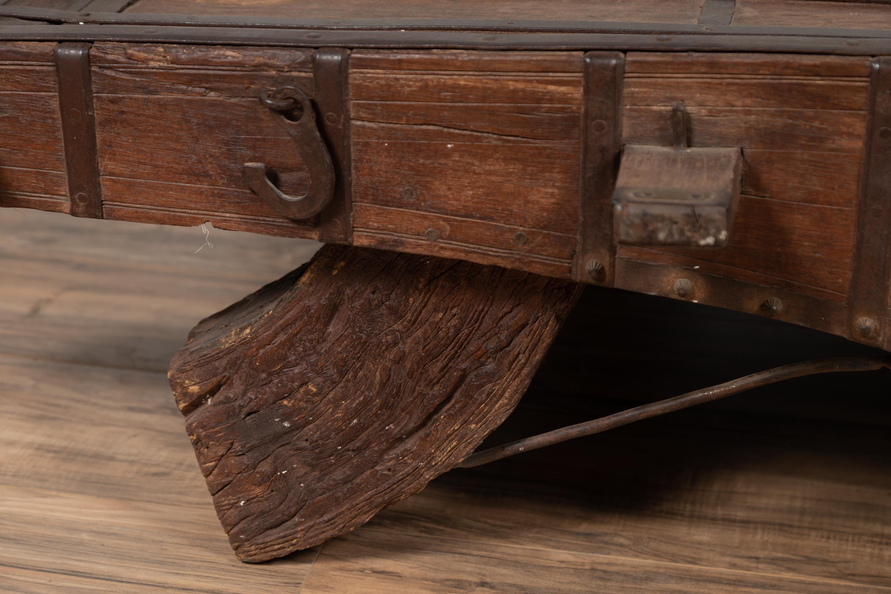 19th Century Indian Rustic Antique Wooden Ox Cart with Metal Accents Made into a Coffee Table