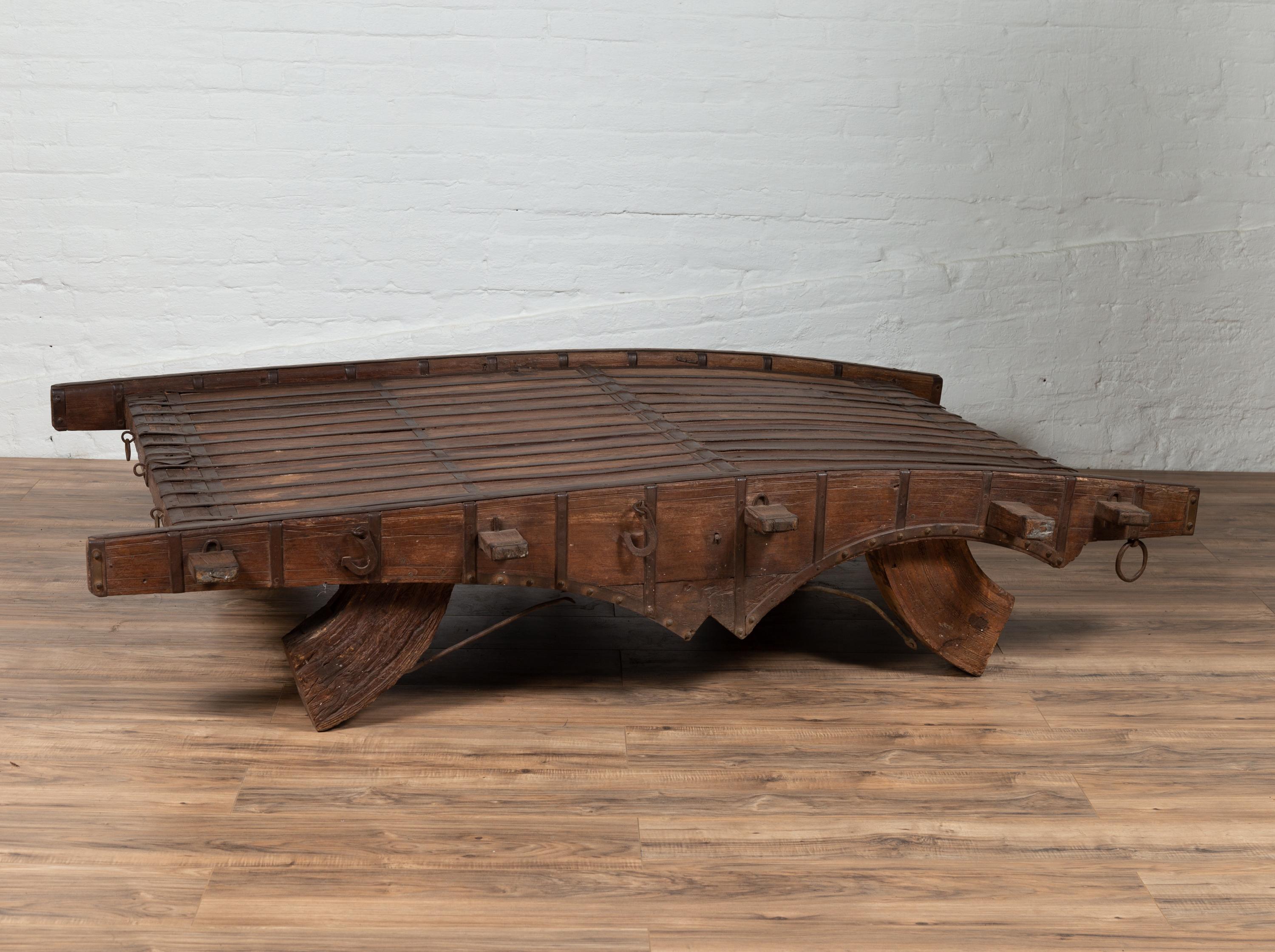 Indian Rustic Antique Wooden Ox Cart with Metal Accents Made into a Coffee Table 2