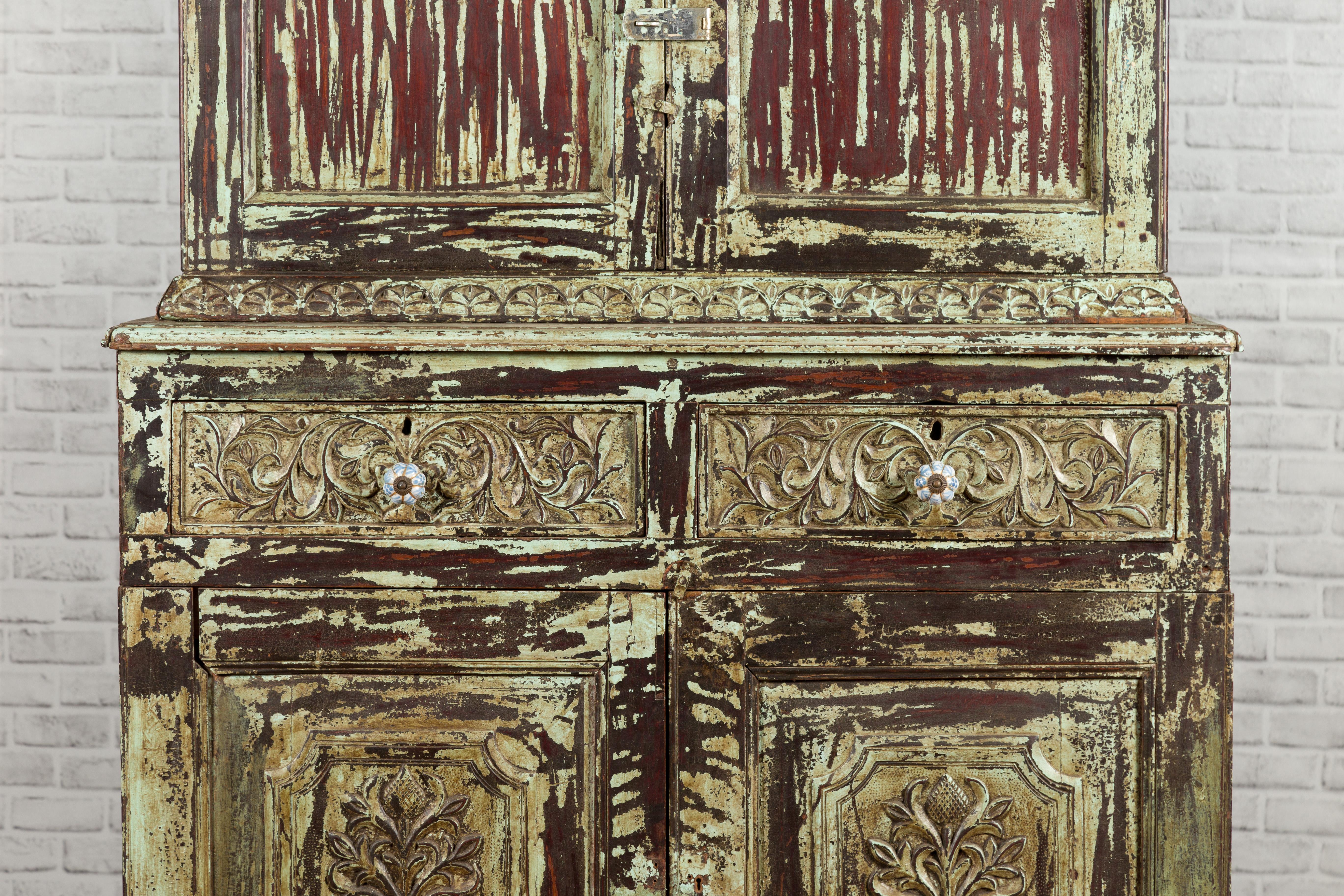 Indian Distress Green and Brown Wood Cabinet with Flower Handles For Sale