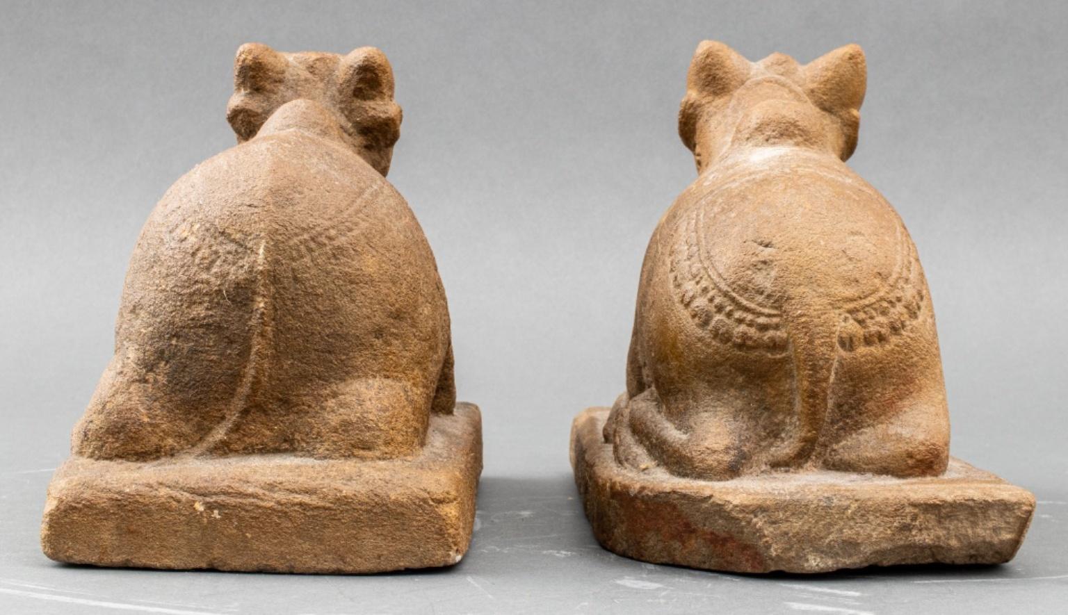 Indian Sandstone Nandi Sculptures, Pair In Distressed Condition For Sale In New York, NY