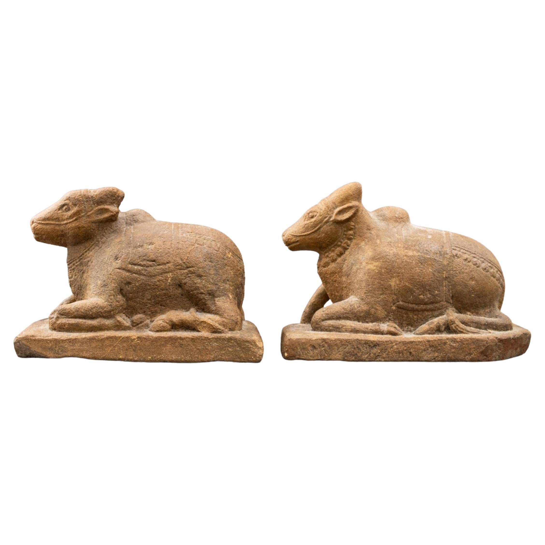 Indian Sandstone Nandi Sculptures, Pair