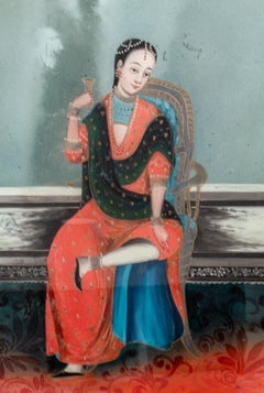 Indian Seated Noblewoman Reverse Painting on Glass