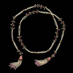 Indian Seed Pearl, Enamel and Gold Tassel Lariat Necklace