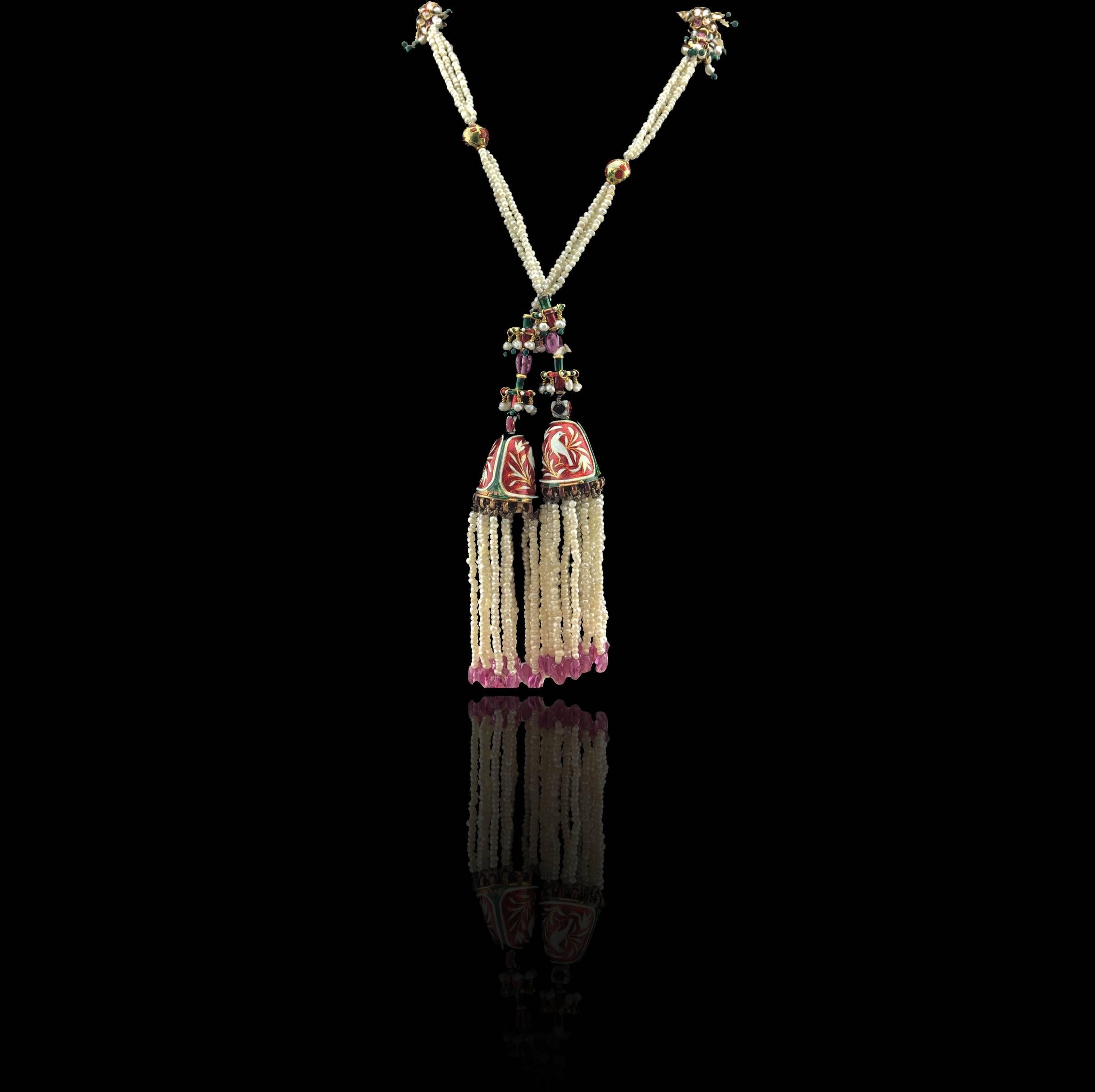Women's Indian Seed Pearl, Enamel and Gold Tassel Lariat Necklace