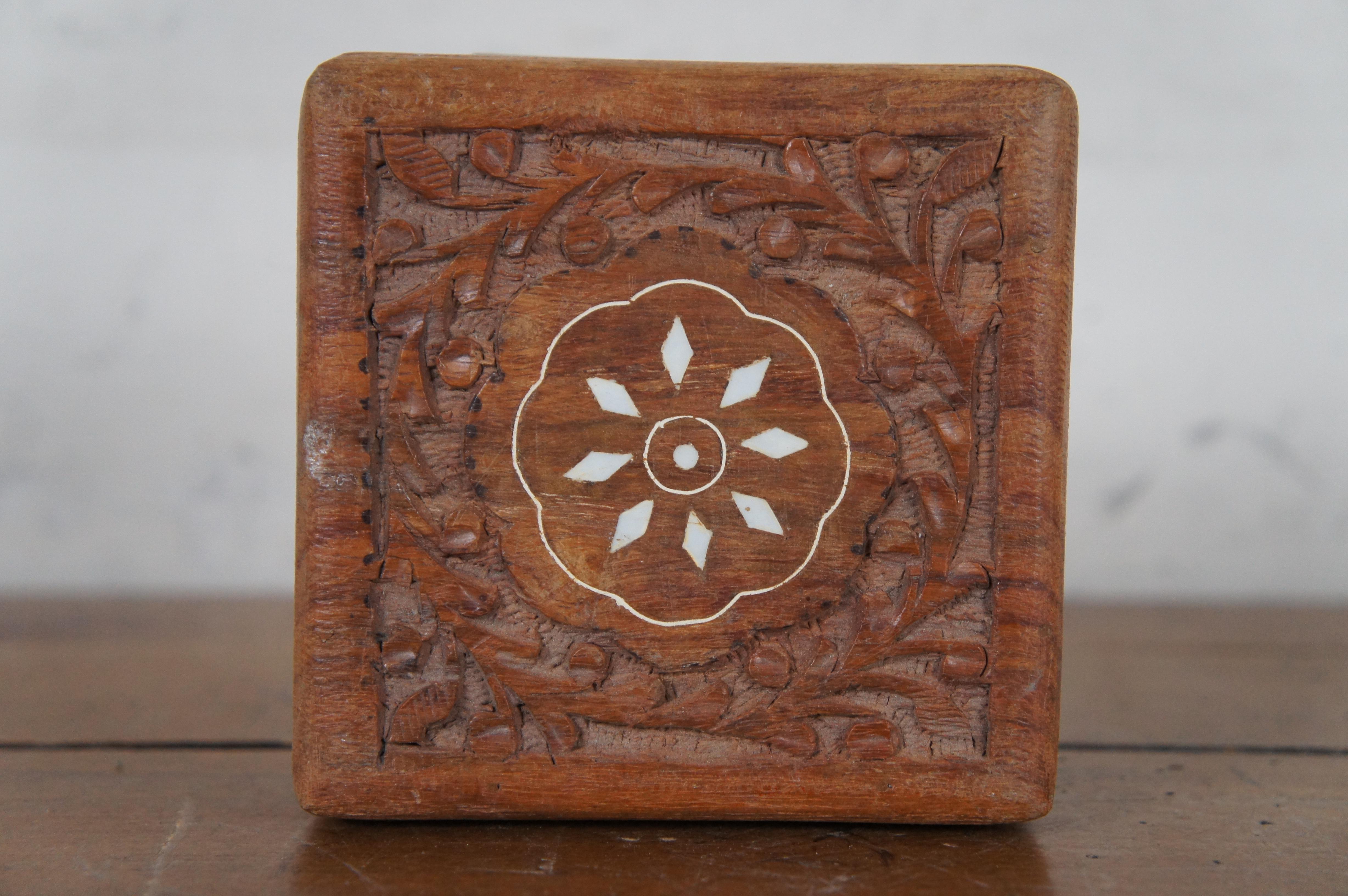 Indian Sheesham Rosewood Carved Inlaid Square Floral Jewelry Keepsake Box 4