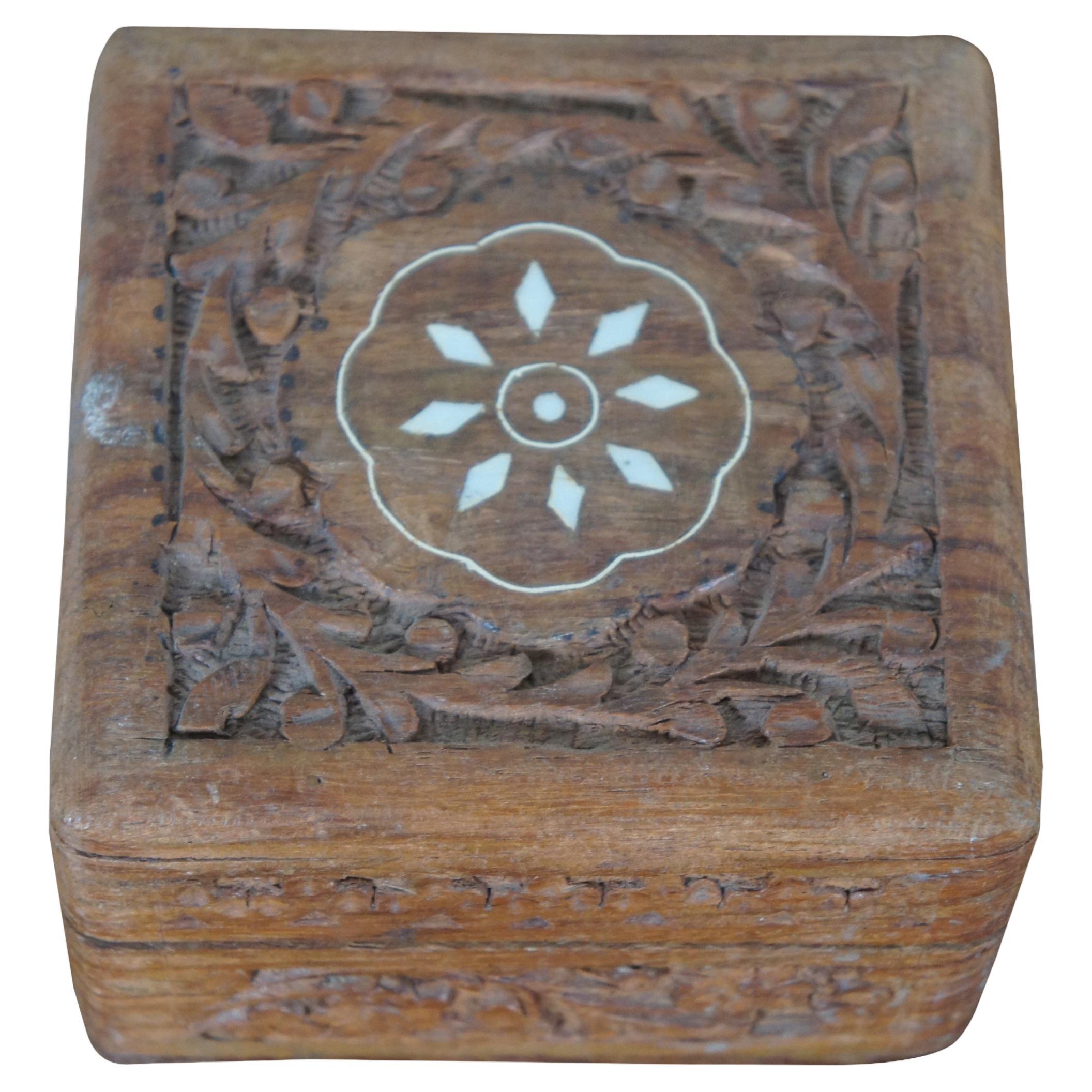Indian Sheesham Rosewood Carved Inlaid Square Floral Jewelry Keepsake Box 4"