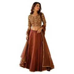 Indian Silk Couture Lehenga Set Beaded Brocade Blouse & Matching Shawl
