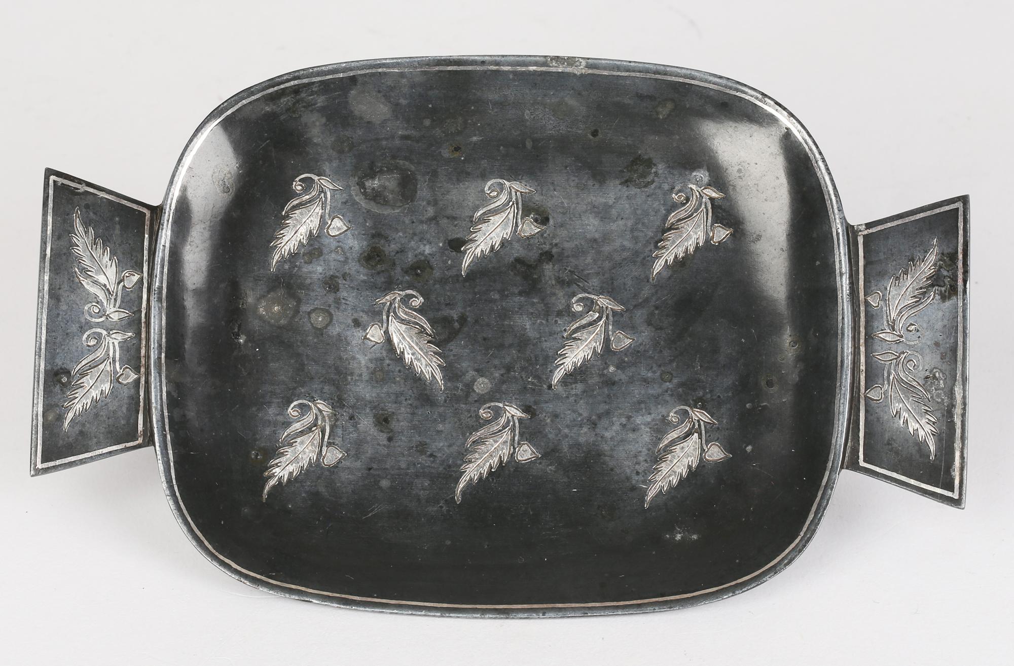 Anglo-Indian Indian Silver Bidriware Inlaid Silver Metal Twin Handled Tray For Sale