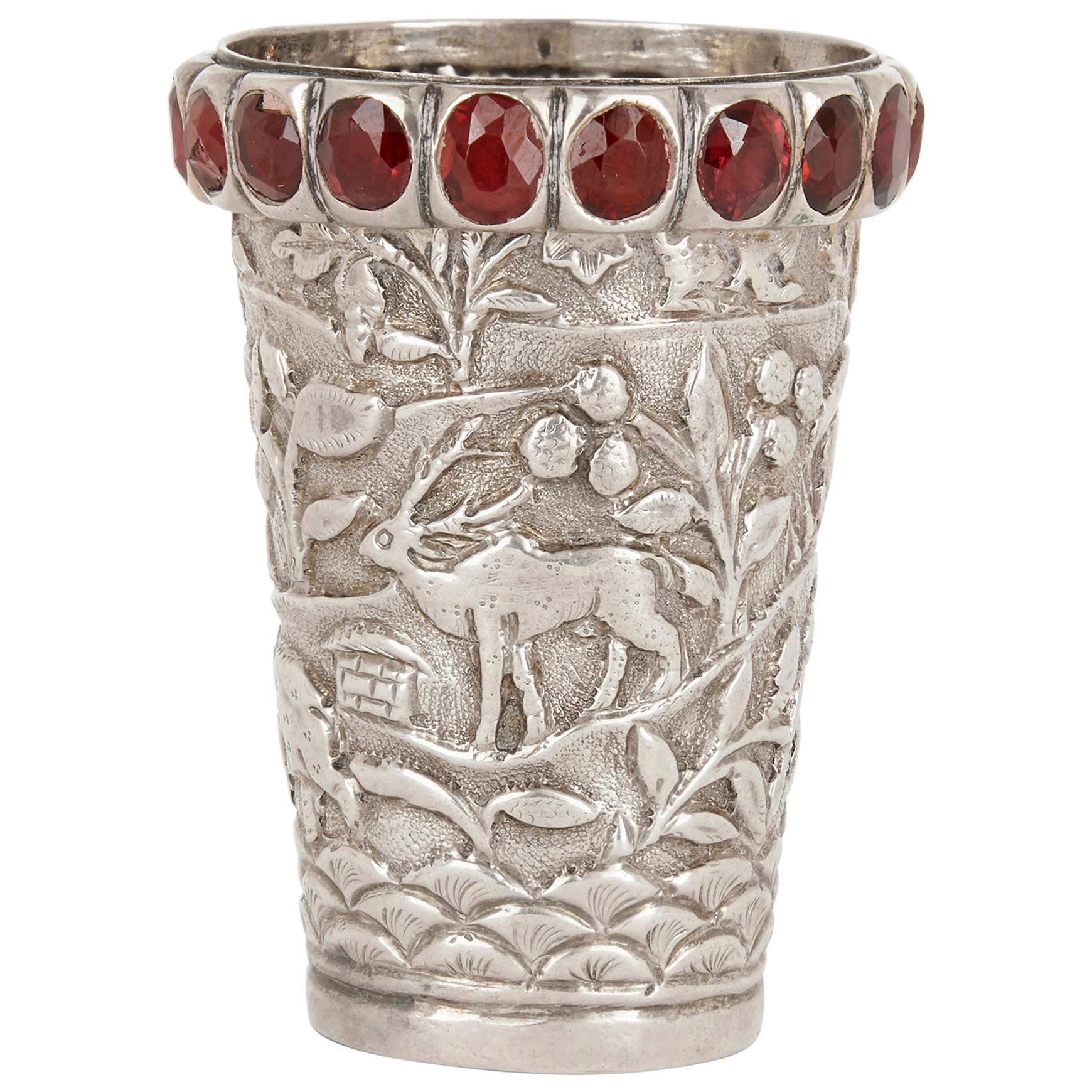 Indian Silver Cup with Jewels and Animals Decoration For Sale