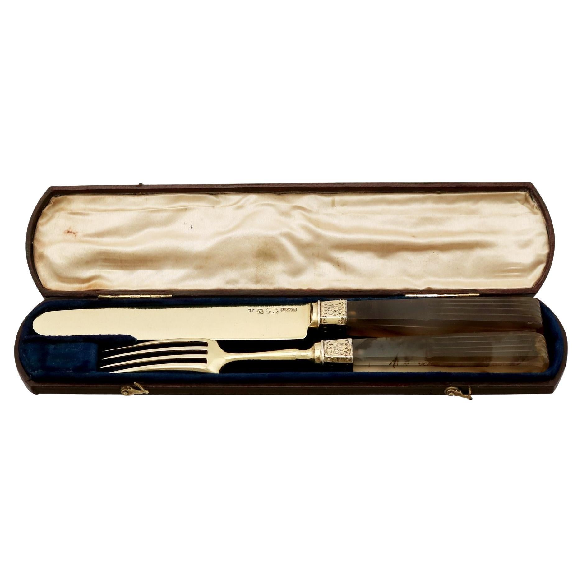 Indian Silver Gilt and Agate Handled Travelling Knife and Fork, Circa 1880
