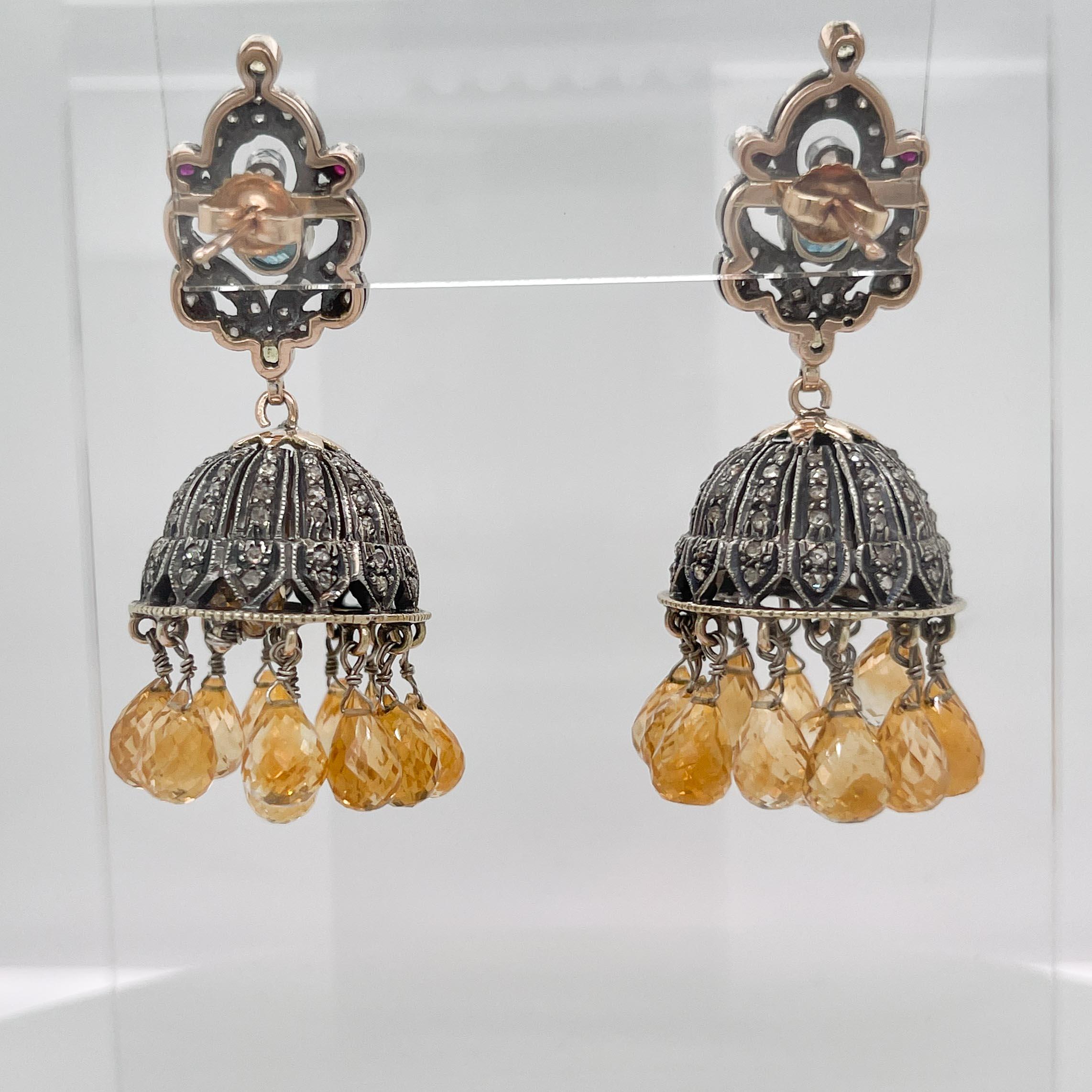 Women's or Men's Indian Silver, Gold, Polki Diamond, & Citrine Jhumka Chandelier Earrings For Sale