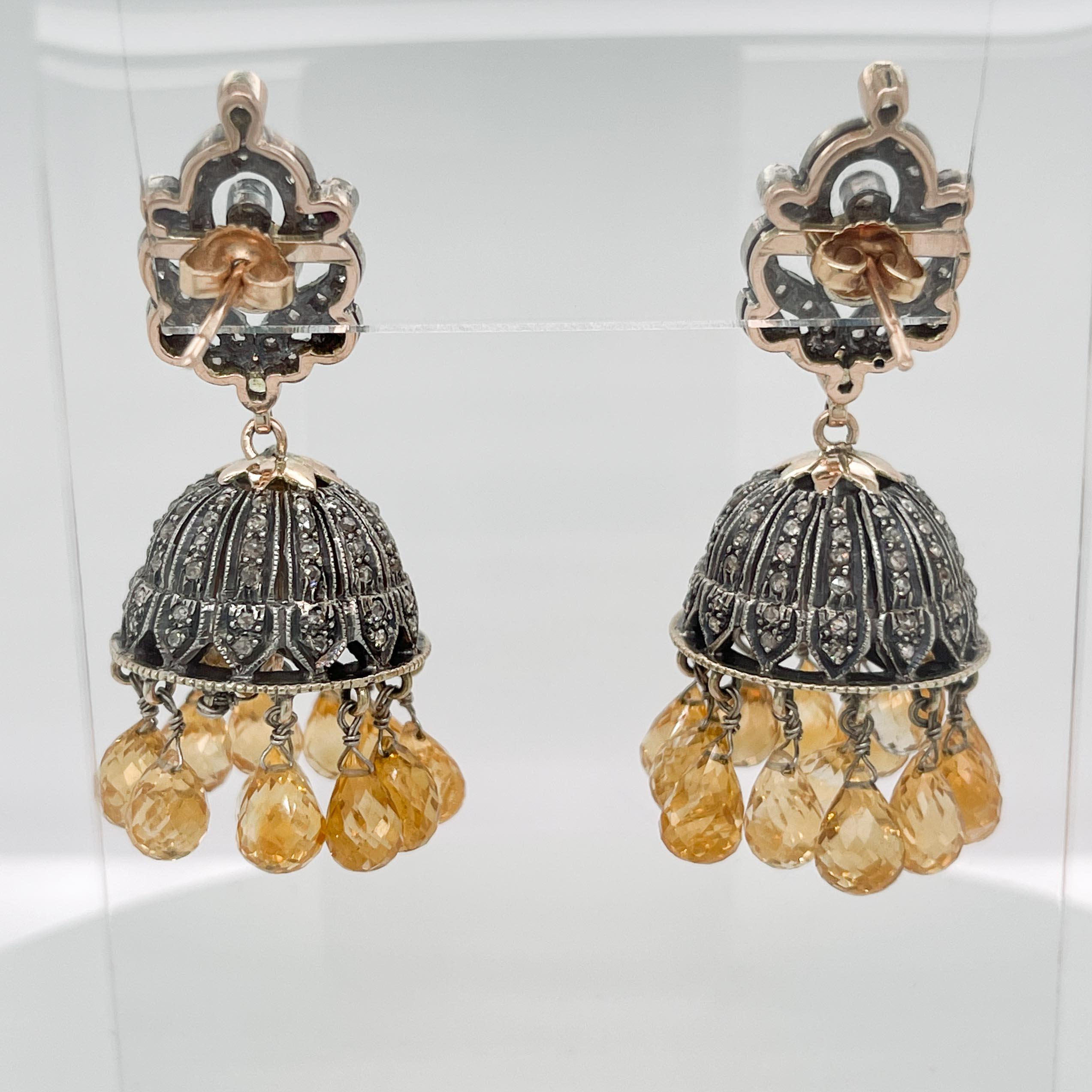Indian Silver, Gold, Polki Diamond, & Citrine Jhumka Chandelier Earrings For Sale 1