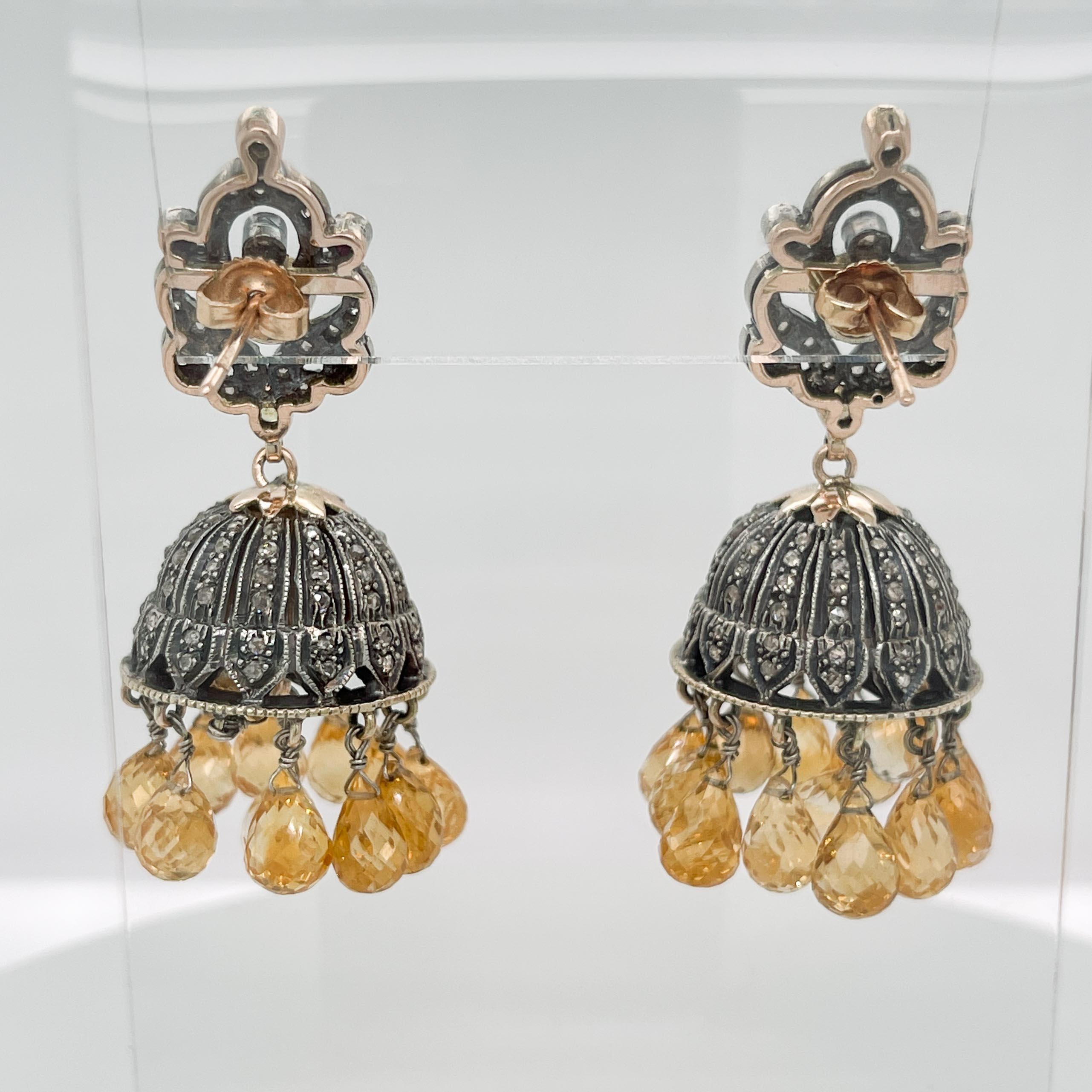 Indian Silver, Gold, Polki Diamond, & Citrine Jhumka Chandelier Earrings For Sale 2