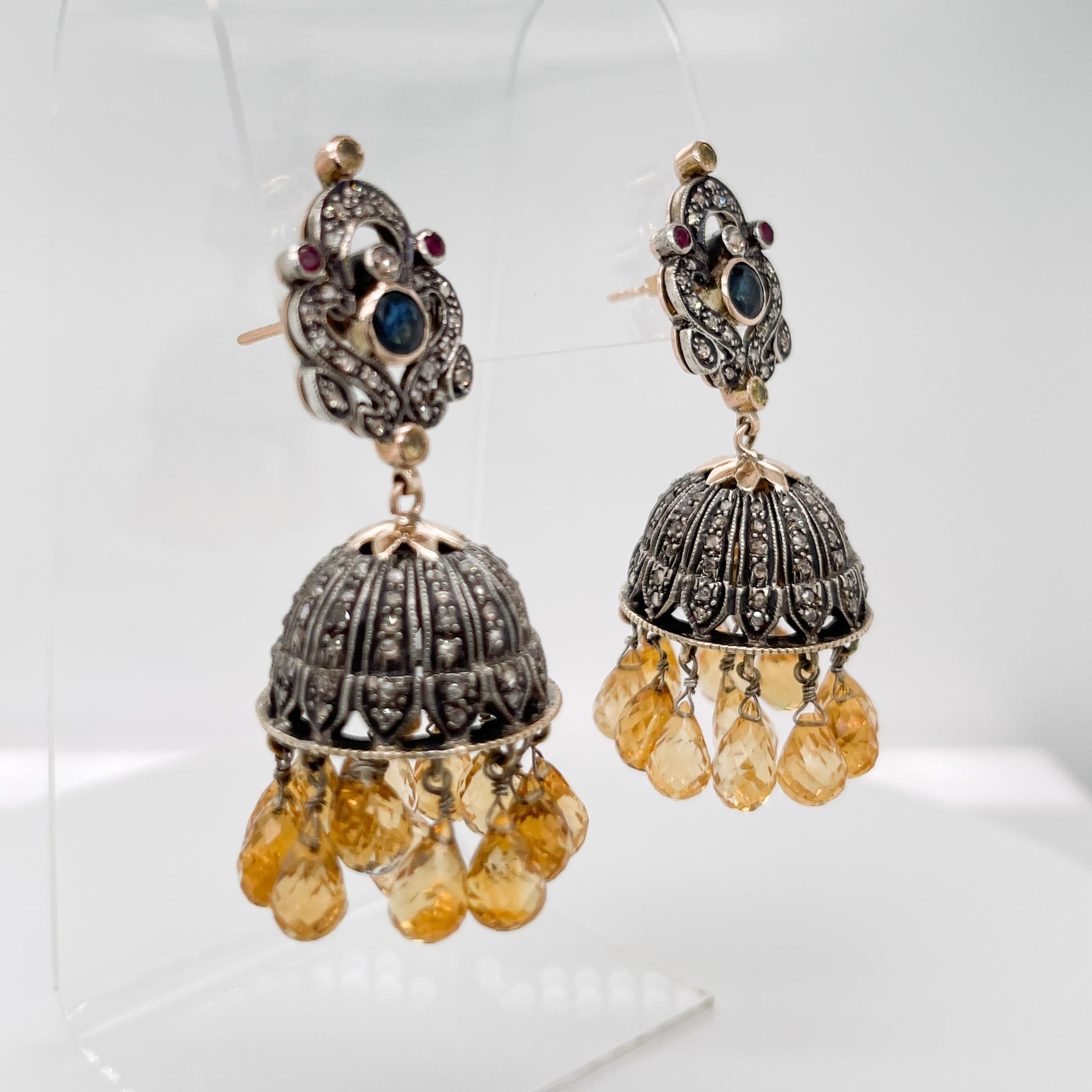 Indian Silver, Gold, Polki Diamond, & Citrine Jhumka Chandelier Earrings For Sale 6