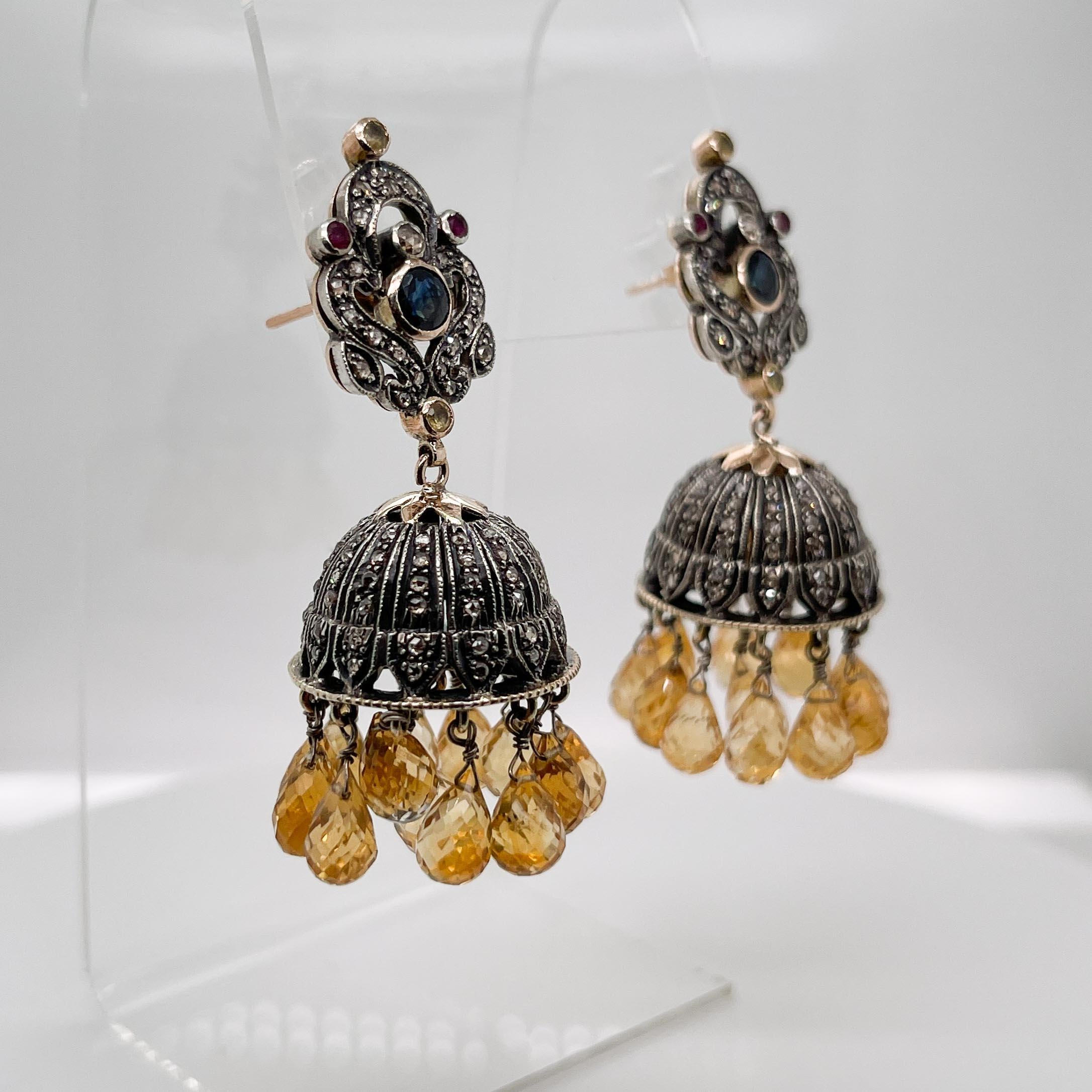 Indian Silver, Gold, Polki Diamond, & Citrine Jhumka Chandelier Earrings For Sale 7