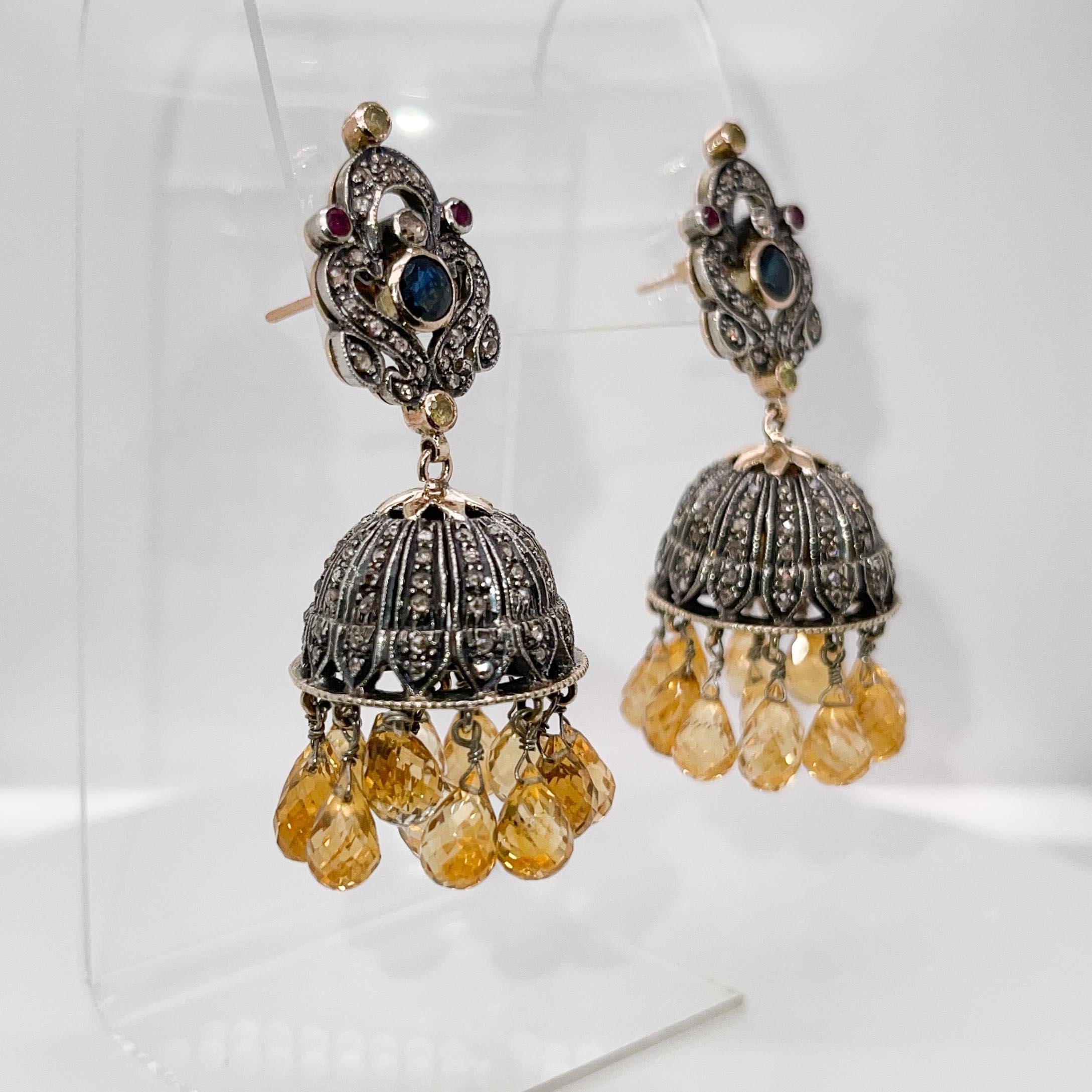 Indian Silver, Gold, Polki Diamond, & Citrine Jhumka Chandelier Earrings For Sale 8