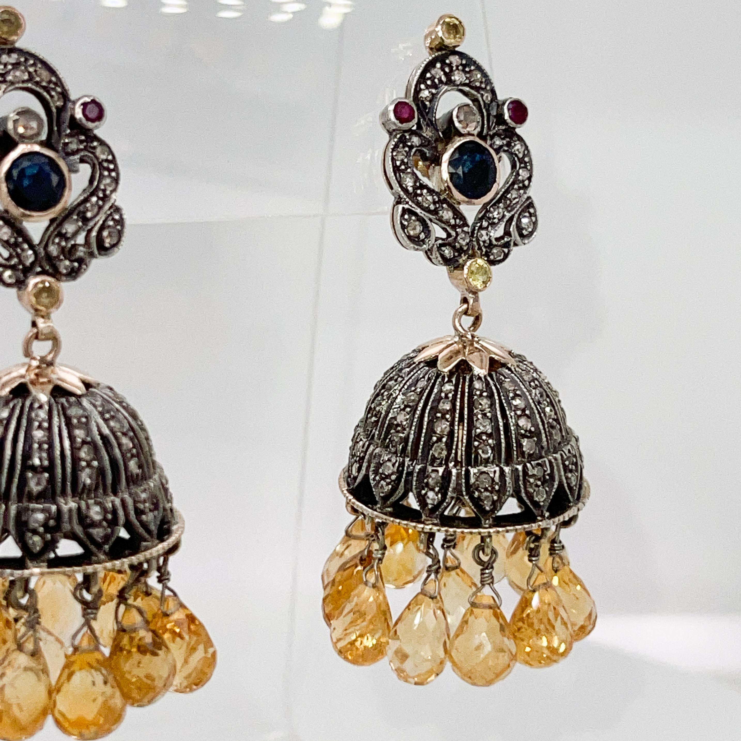 Indian Silver, Gold, Polki Diamond, & Citrine Jhumka Chandelier Earrings For Sale 9