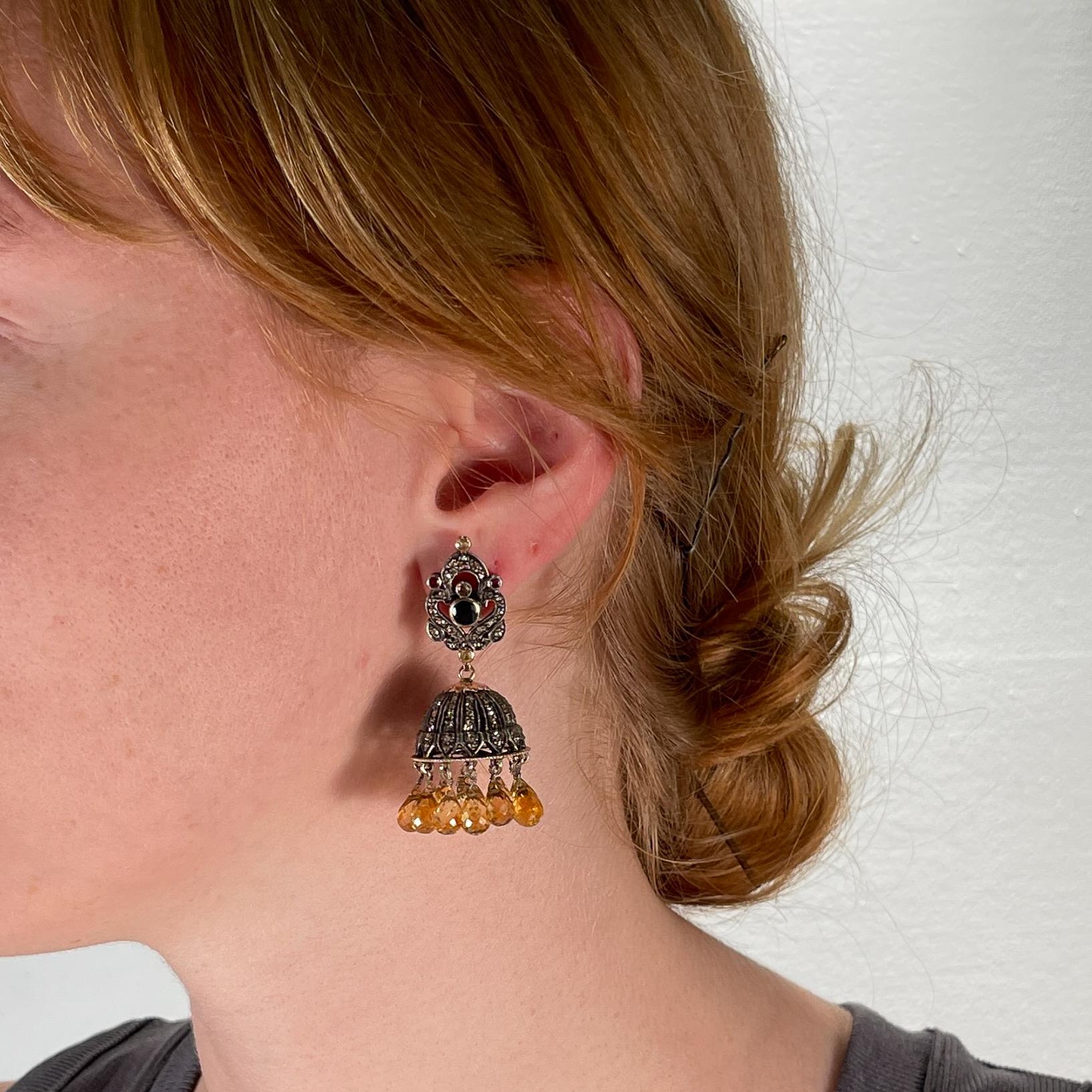Indian Silver, Gold, Polki Diamond, & Citrine Jhumka Chandelier Earrings For Sale 10