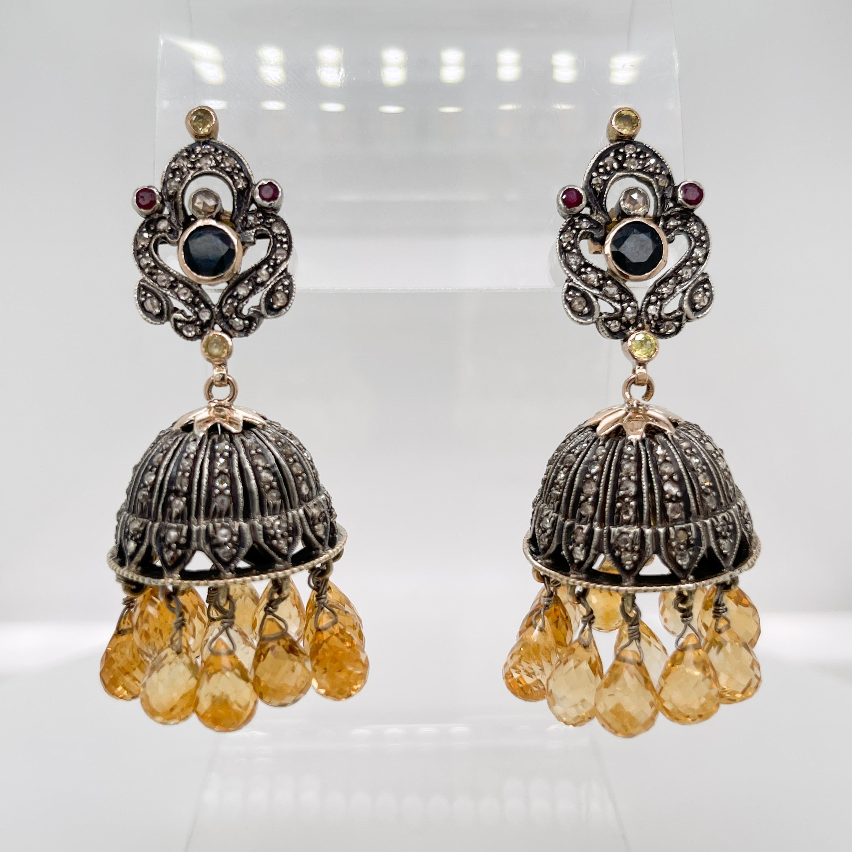 Indische Jhumka-Kronleuchter-Ohrringe aus Silber, Gold, Polki-Diamant und Citrin (Anglo-indisch) im Angebot