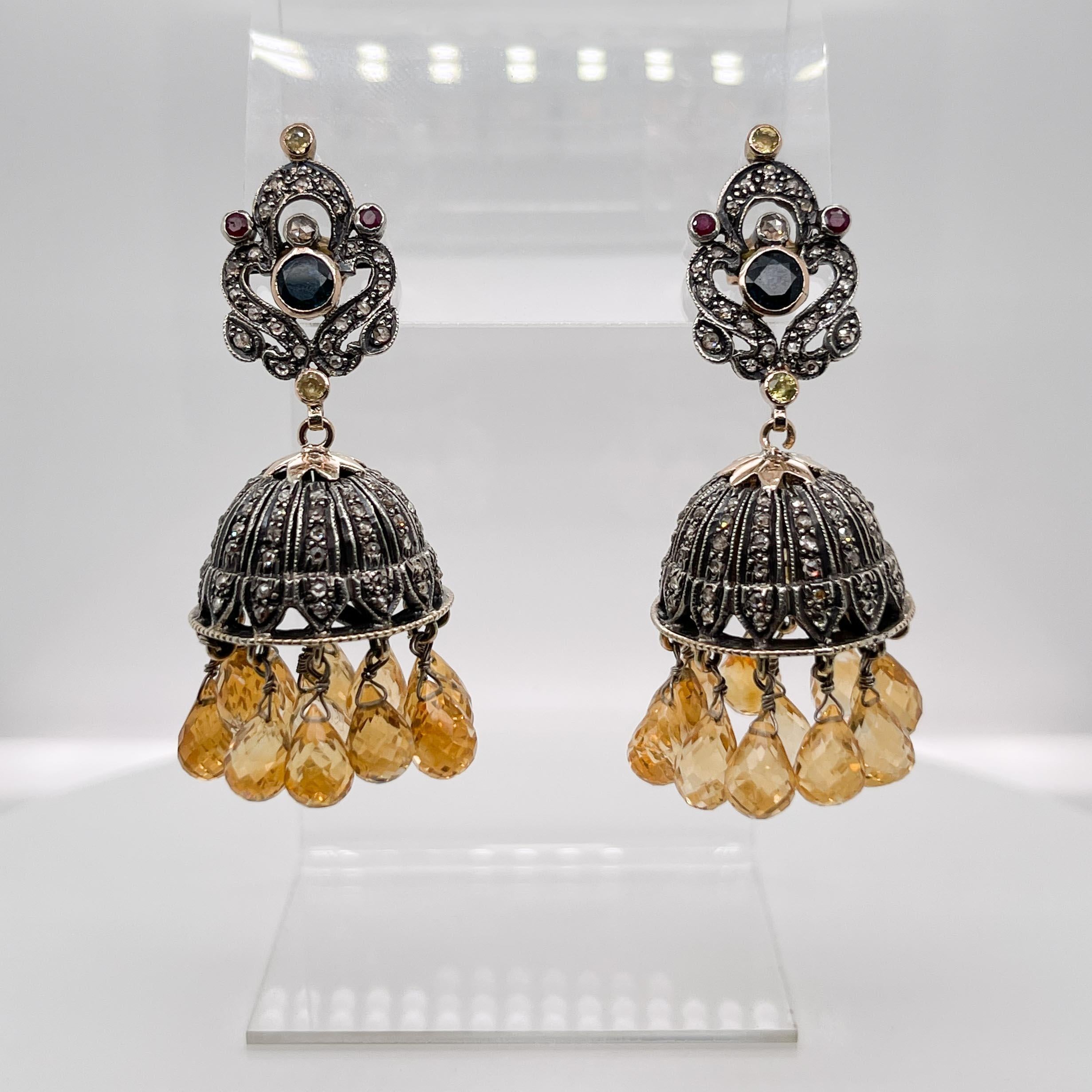 Indische Jhumka-Kronleuchter-Ohrringe aus Silber, Gold, Polki-Diamant und Citrin (Perle) im Angebot