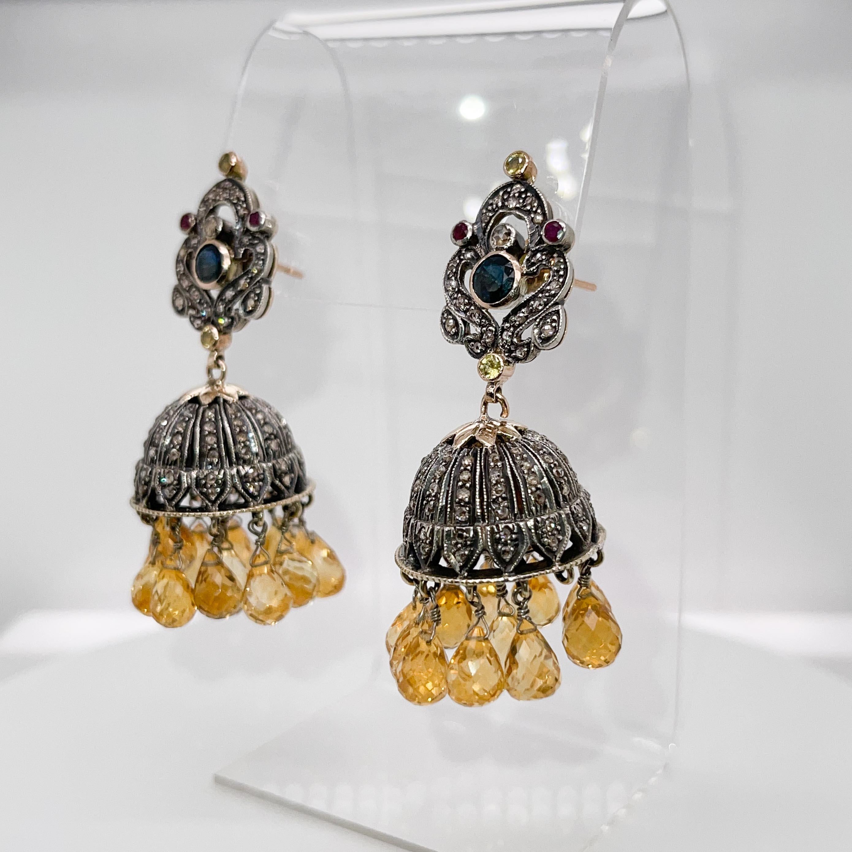 Anglo-Indian Indian Silver, Gold, Polki Diamond, & Citrine Jhumka Chandelier Earrings For Sale