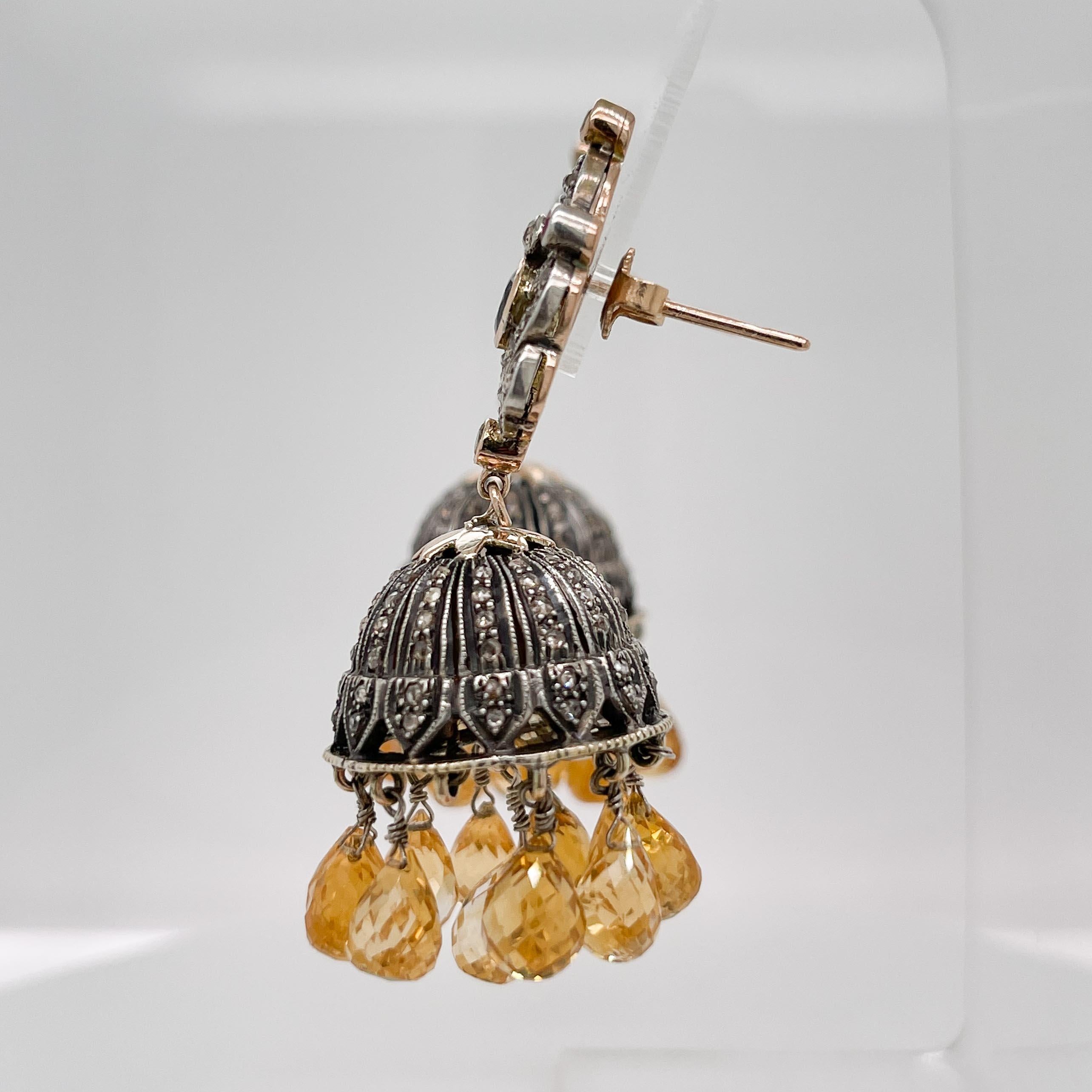 Indische Jhumka-Kronleuchter-Ohrringe aus Silber, Gold, Polki-Diamant und Citrin im Angebot 1