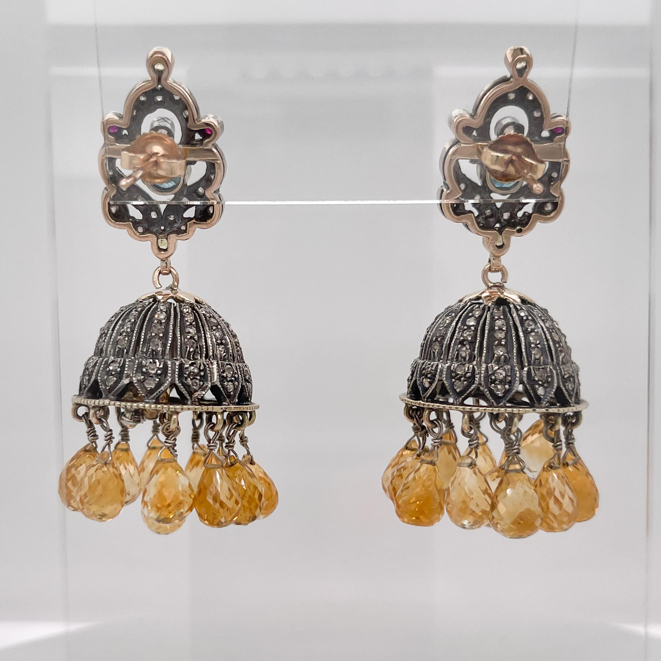 Indian Silver, Gold, Polki Diamond, & Citrine Jhumka Chandelier Earrings In Good Condition For Sale In Philadelphia, PA