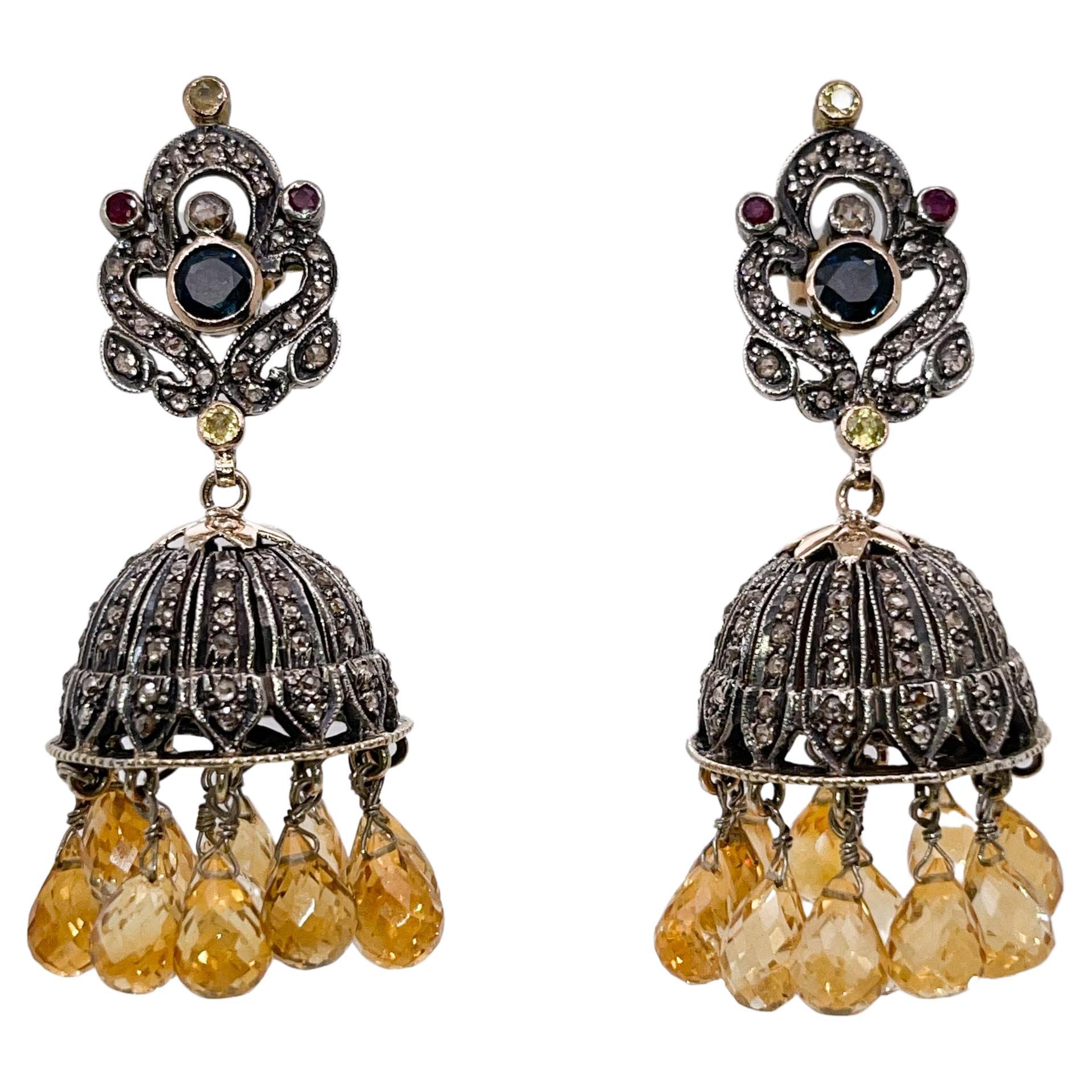 Pendientes Jhumka Chandelier de Plata, Oro, Diamantes Polki y Citrino de la India