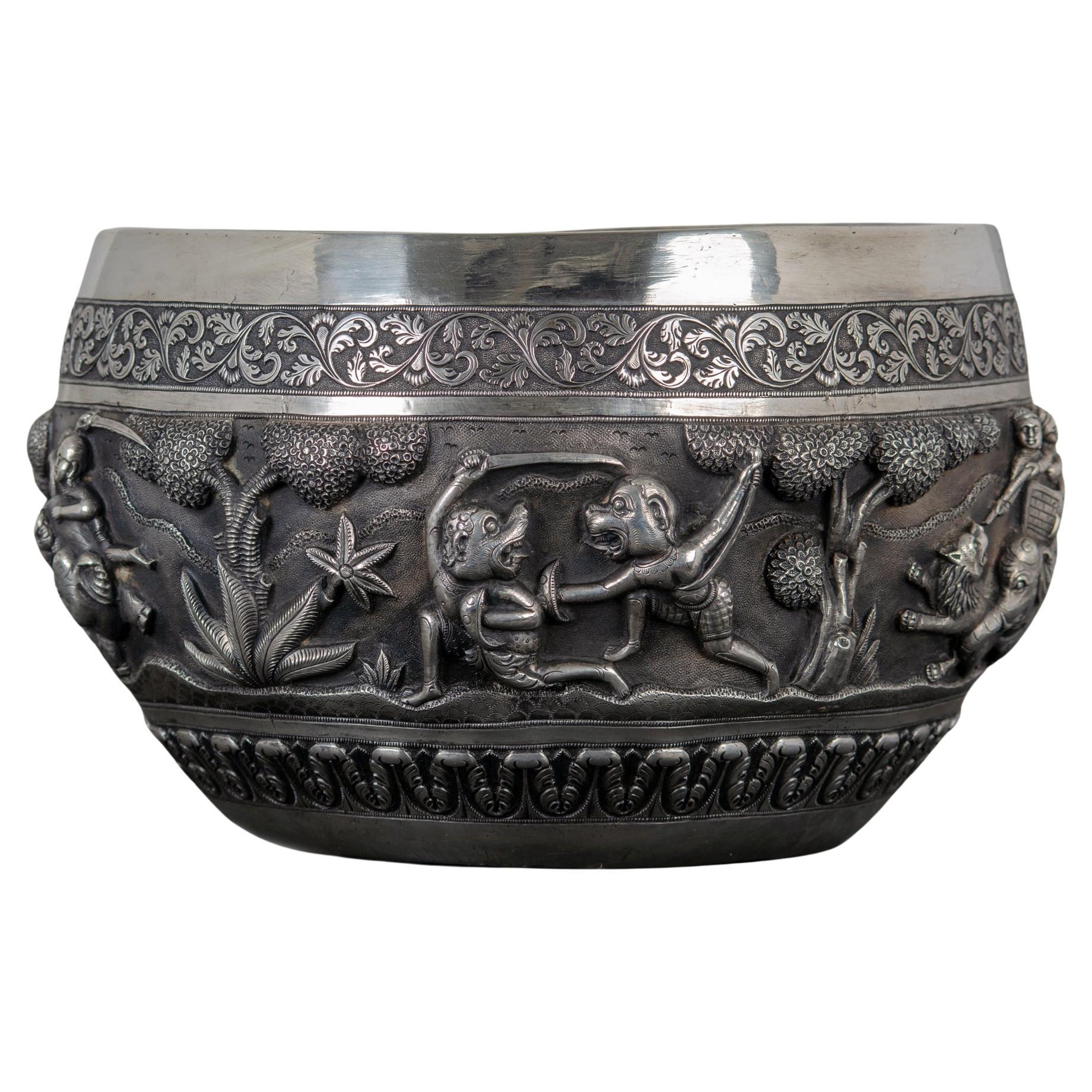 Indian Silver Repoussé Hunting Bowl, Lucknow, 19th Century For Sale