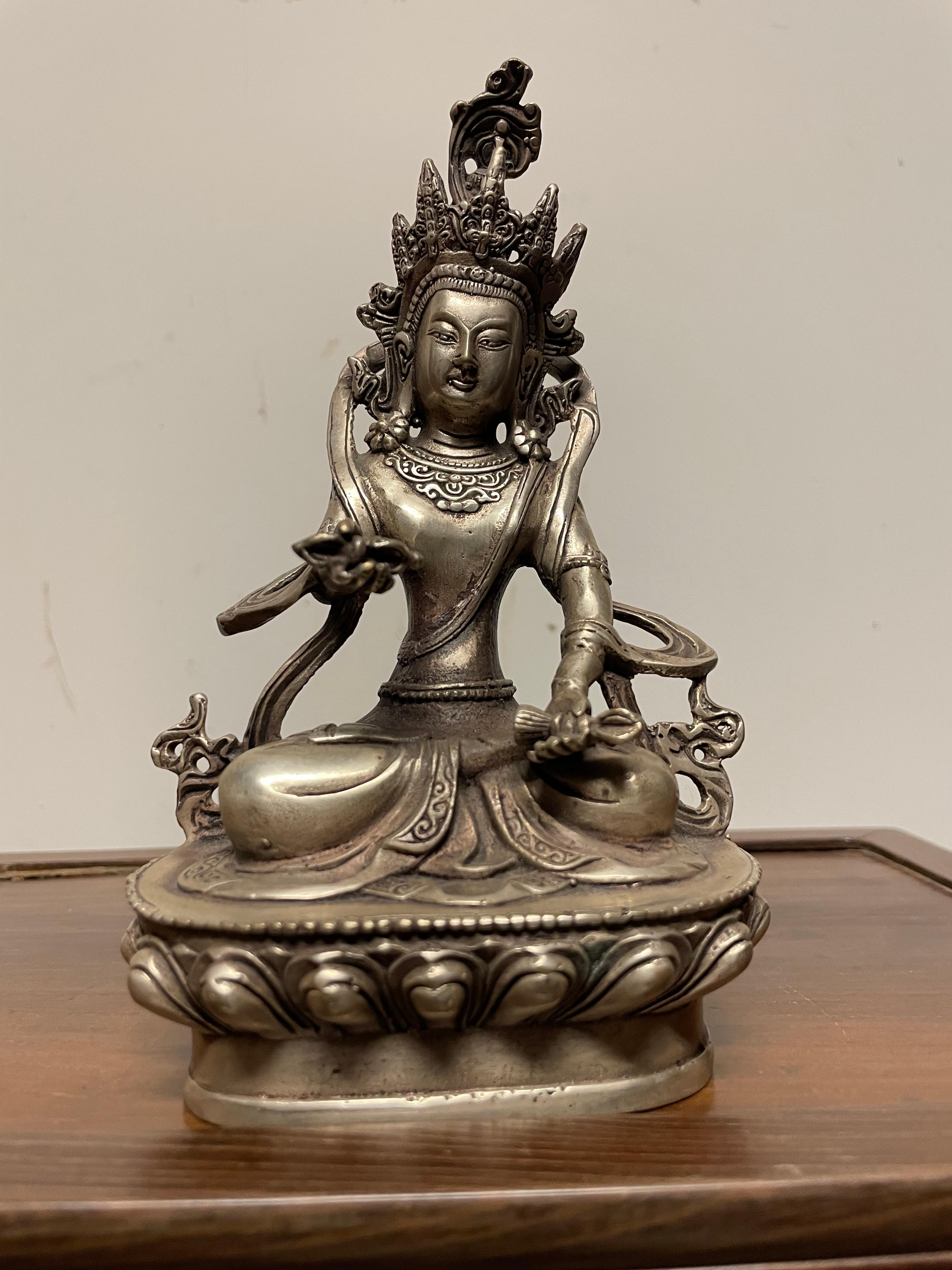Indian Silvered Bronze Buddhist Deity Vajradhara Seated in Lotus Position For Sale 12
