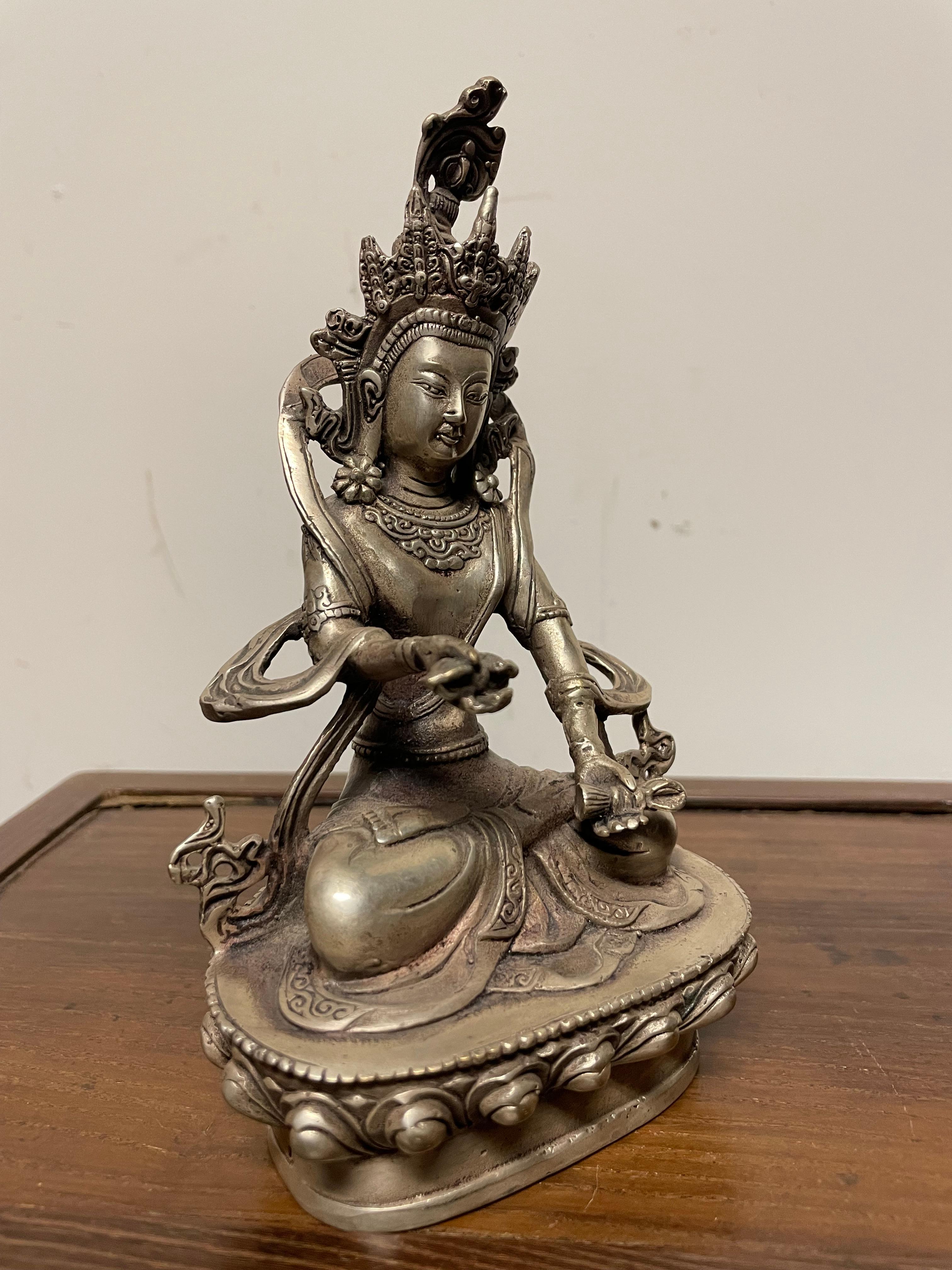 Cast Indian Silvered Bronze Buddhist Deity Vajradhara Seated in Lotus Position For Sale