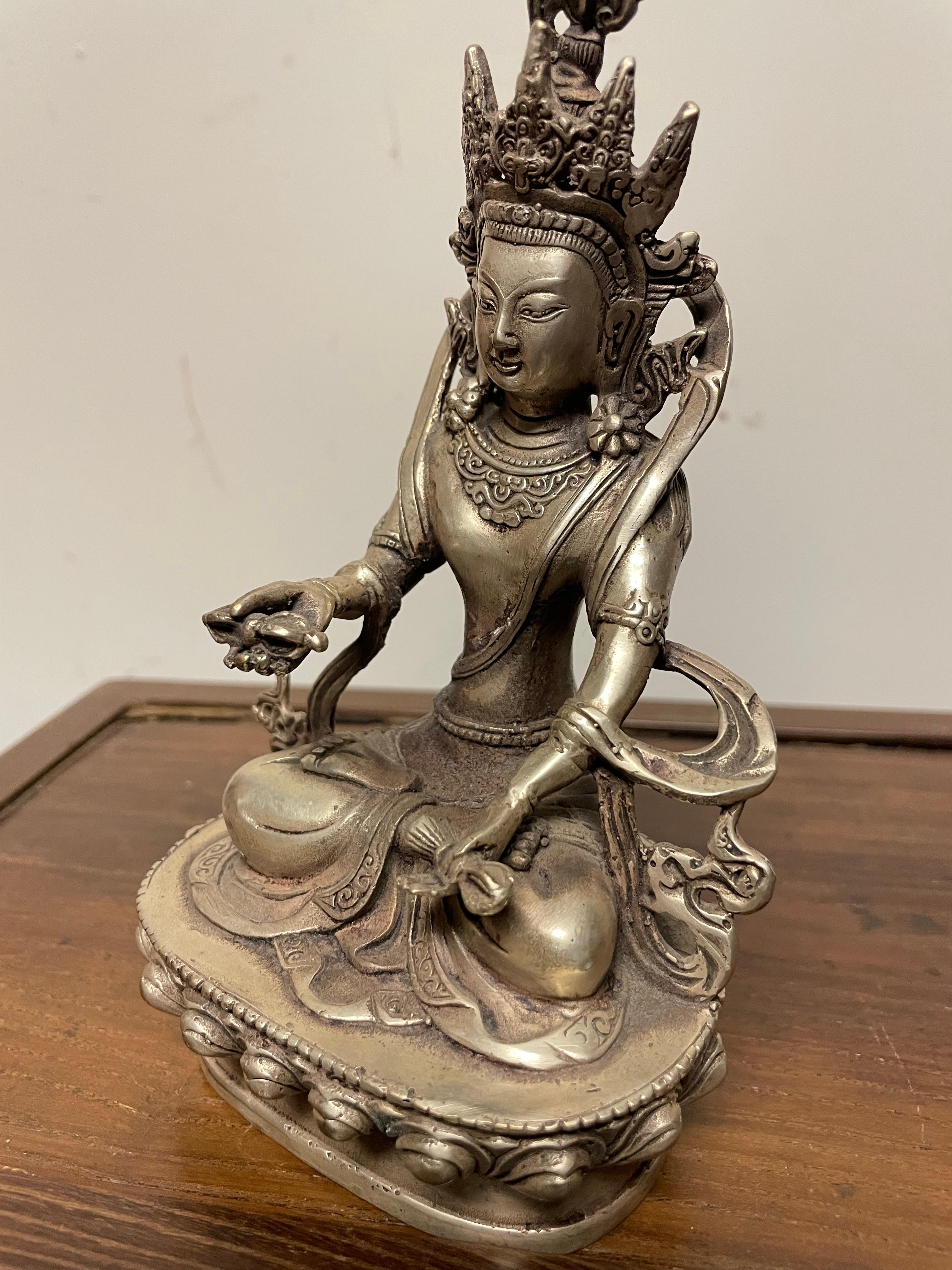 20th Century Indian Silvered Bronze Buddhist Deity Vajradhara Seated in Lotus Position For Sale
