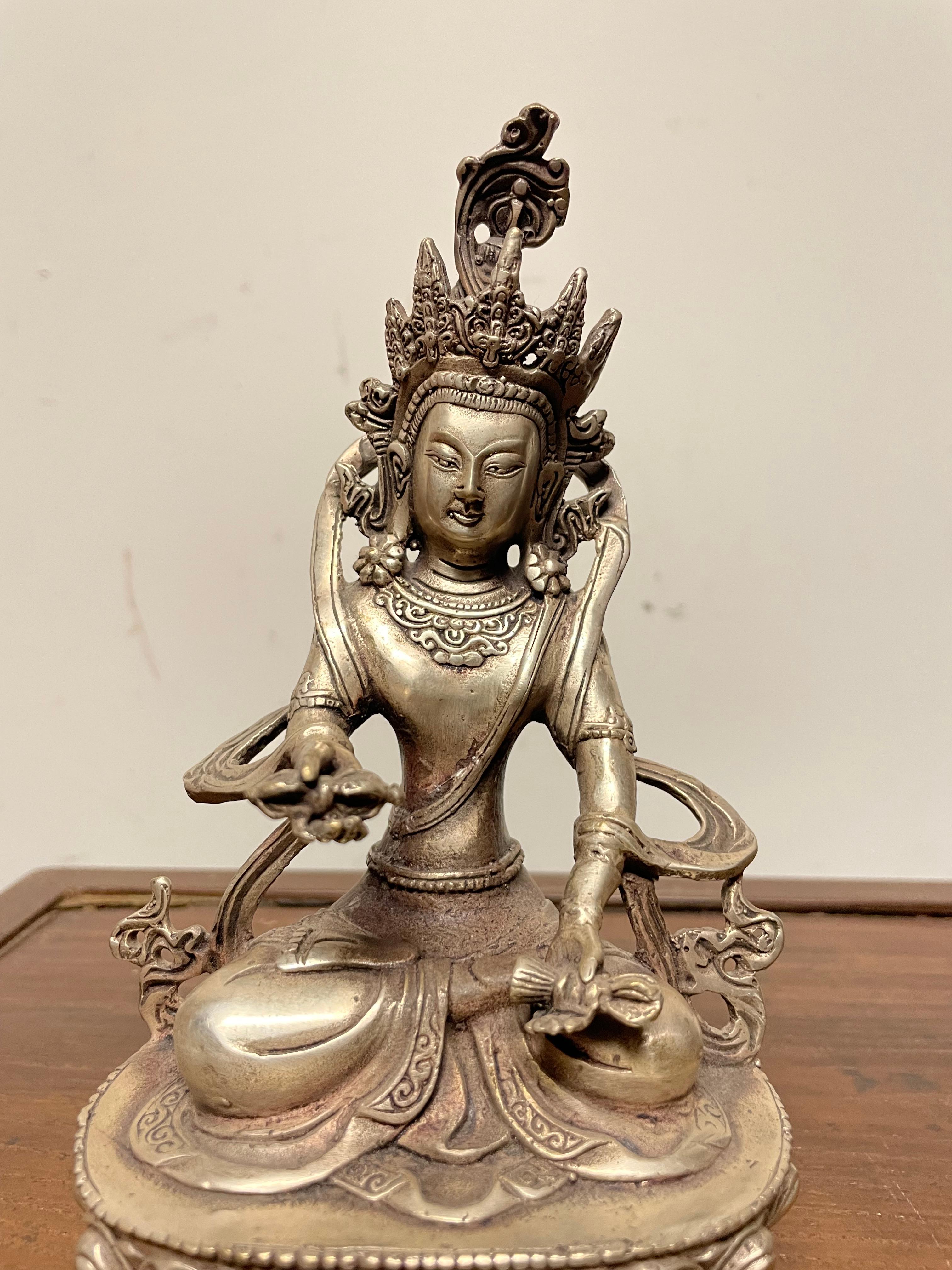 Indian Silvered Bronze Buddhist Deity Vajradhara Seated in Lotus Position For Sale 1
