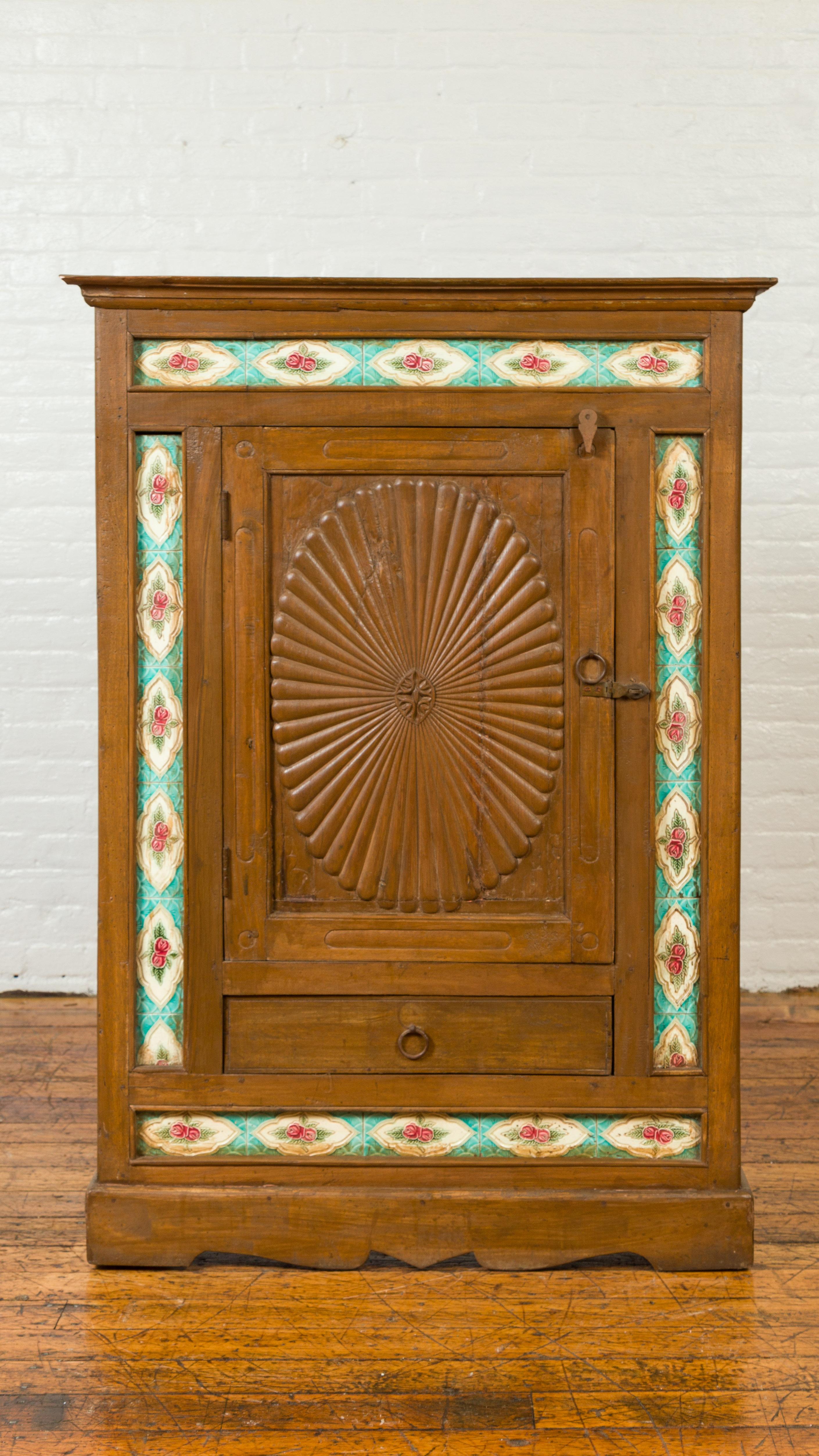 Ceramic Indian Small Cabinet with Sunburst Design and Hand Painted Tiles with Rose Motif For Sale