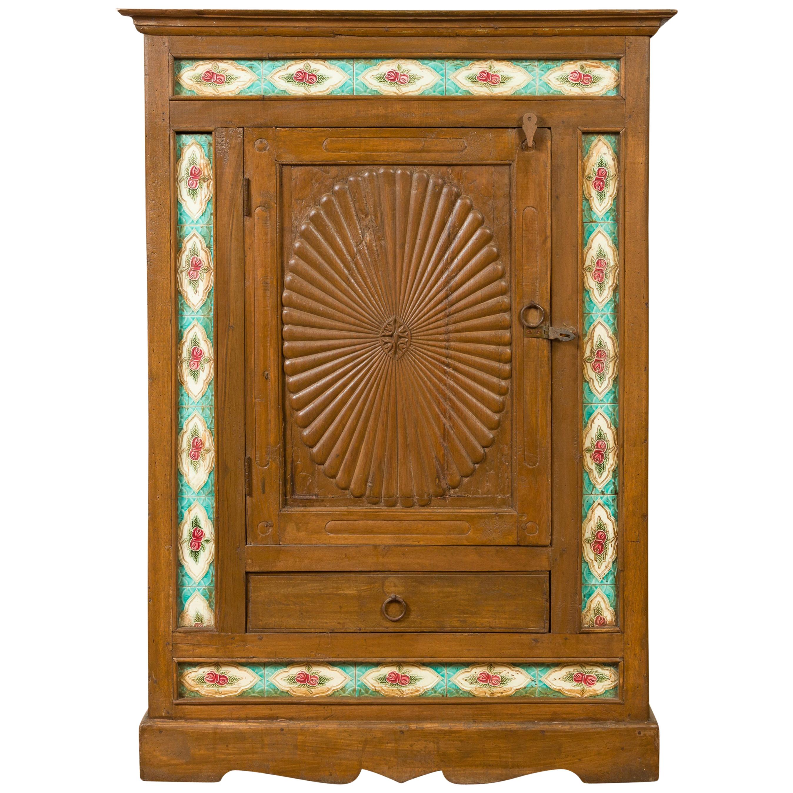 Indian Small Cabinet with Sunburst Design and Hand Painted Tiles with Rose Motif For Sale