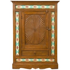 Antique Indian Small Cabinet with Sunburst Design and Hand Painted Tiles with Rose Motif