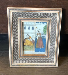 Indian South India Framed Miniature Mughal Painting of Royal Women in Courtyard